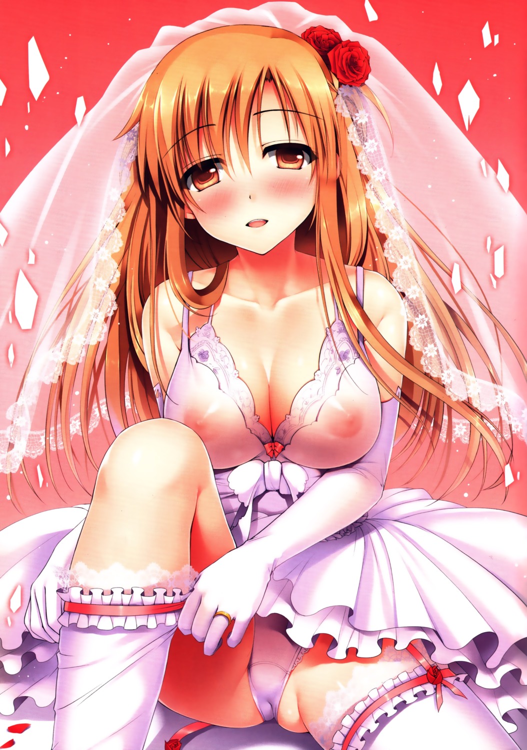 asuna_(sword_art_online) cameltoe cleavage dress garter nipples no_bra pantsu see_through stockings sword_art_online thighhighs twinbox twinbox_(circle) undressing wedding_dress