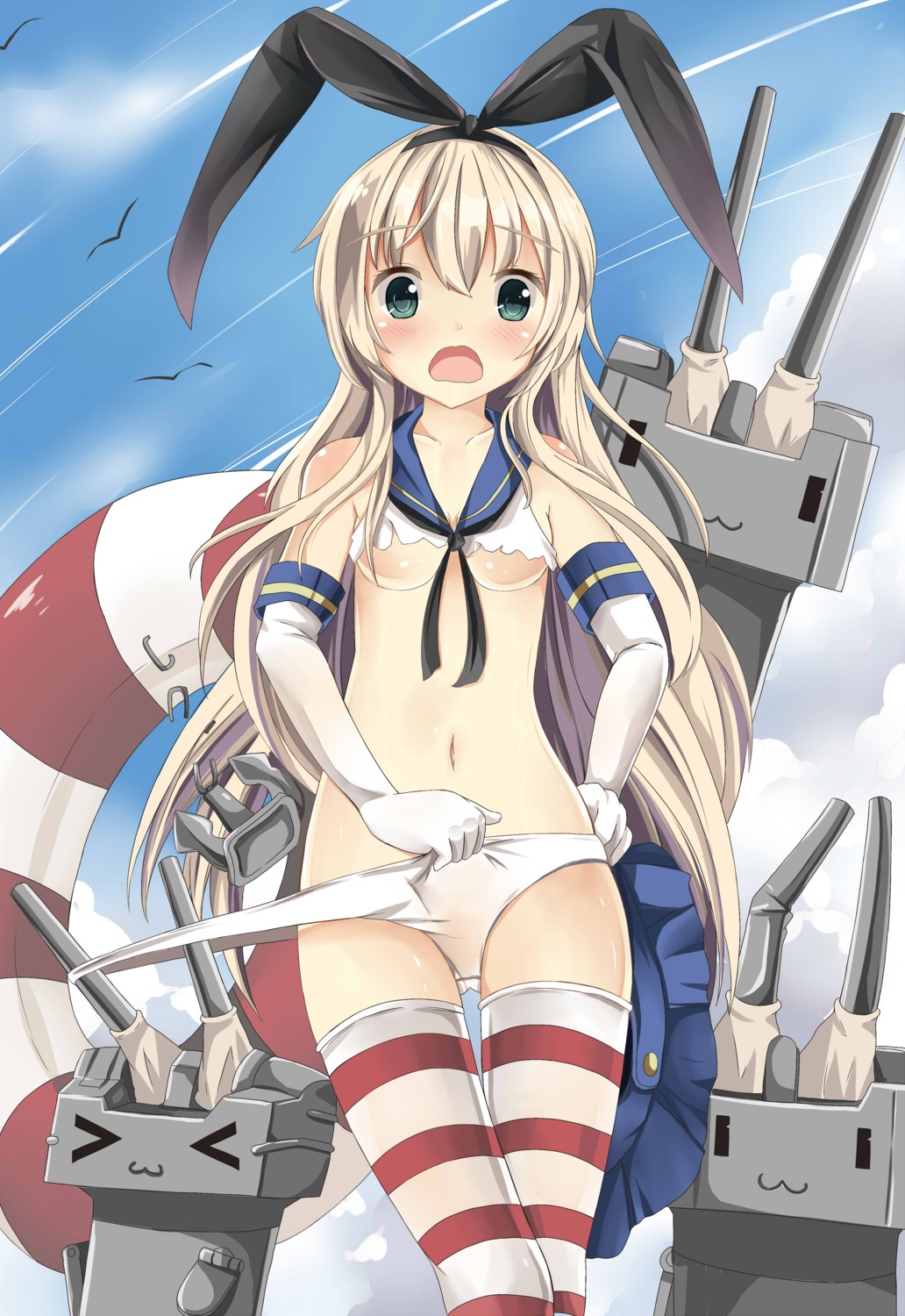 kantai_collection pantsu panty_pull sakuraba_hikaru shimakaze_(kancolle) thighhighs torn_clothes underboob