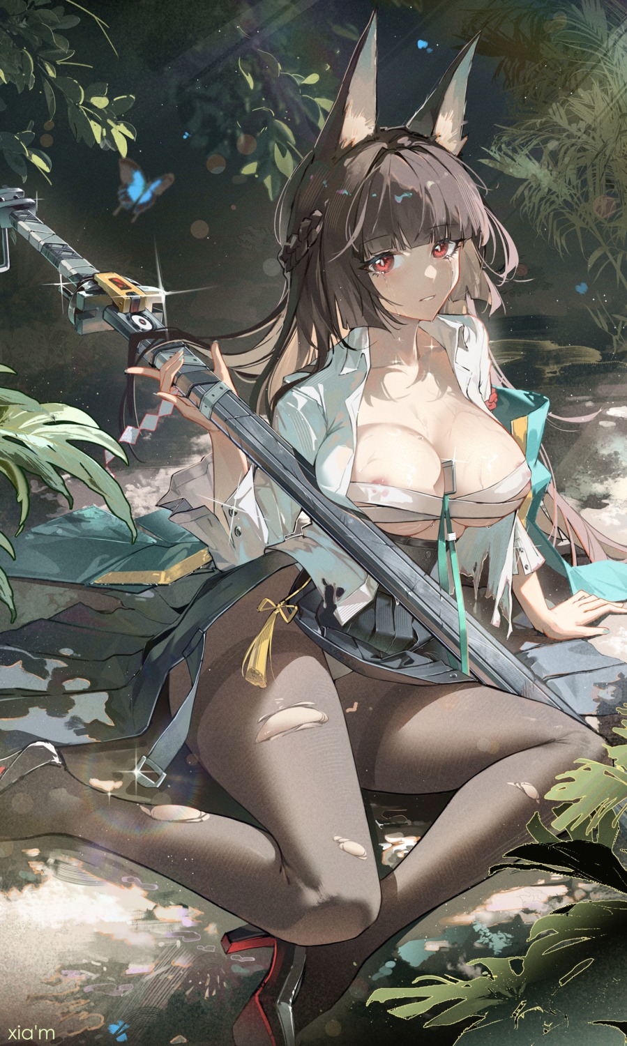 animal_ears areola heels hoshimi_miyabi huade_xiami kitsune open_shirt pantsu pantyhose sarashi skirt_lift sword torn_clothes wet zenless_zone_zero