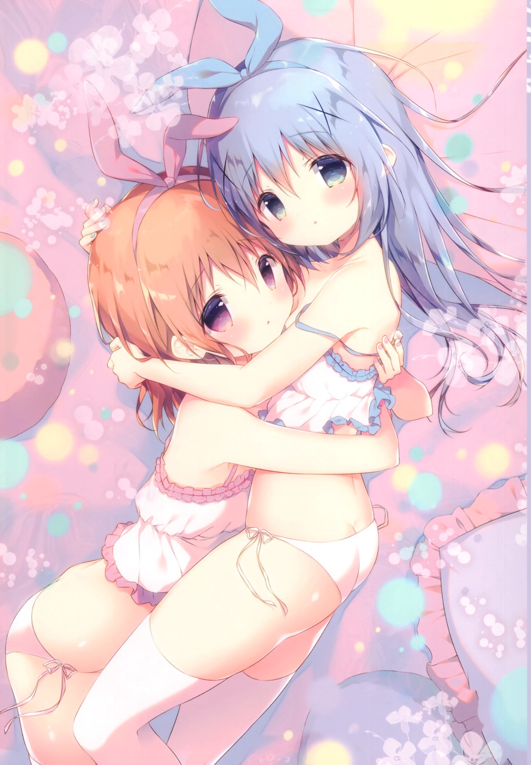 animal_ears bunny_ears gochuumon_wa_usagi_desu_ka? hoto_cocoa kafuu_chino lingerie loli pantsu shiratama shiratamaco string_panties thighhighs yuri