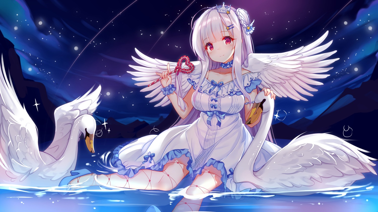 azur_lane cleavage cygnet_(azur_lane) dress hecha heels wet wings