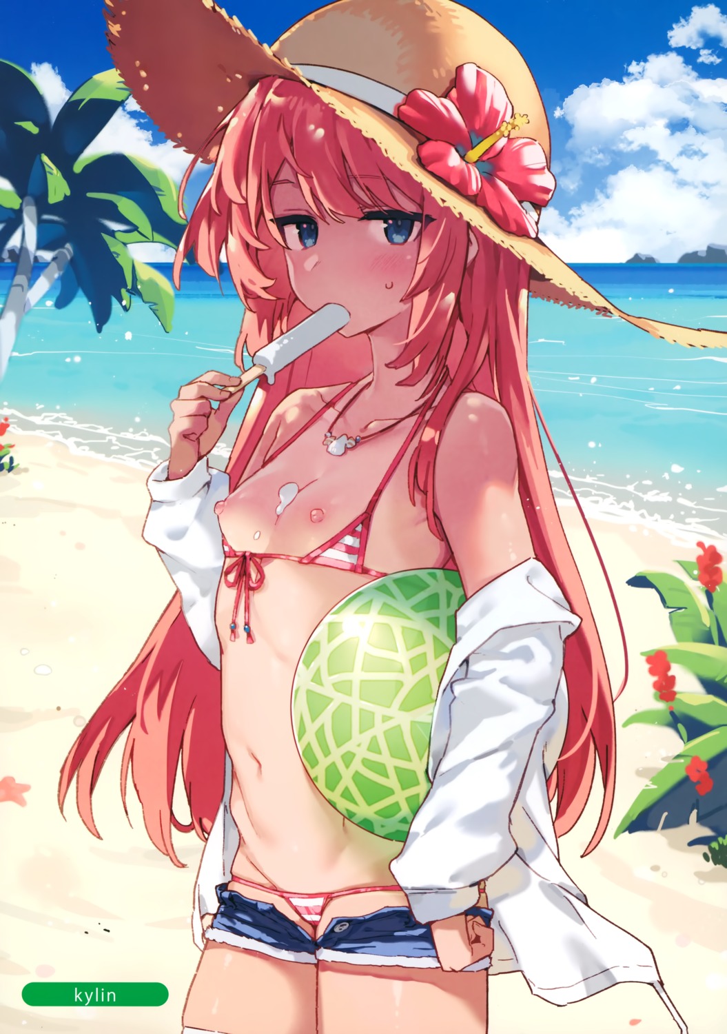 bikini breasts cameltoe cream kylin loli melonbooks nipples open_shirt swimsuits thighhighs wardrobe_malfunction