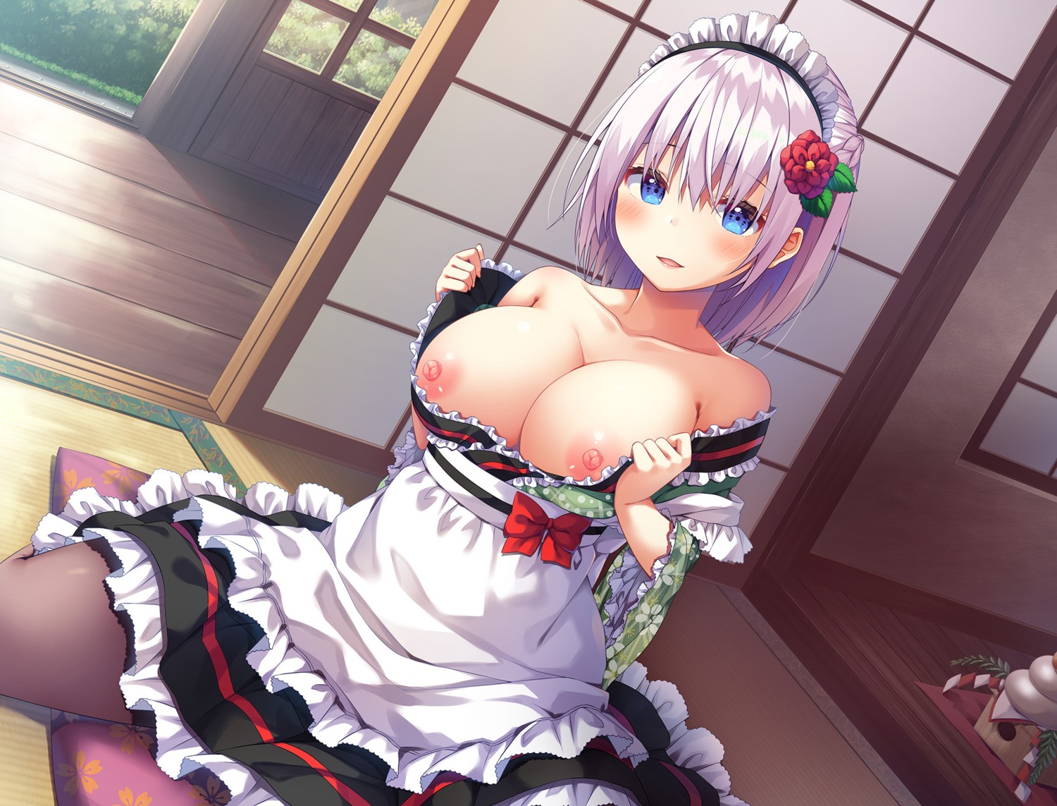 asa_no_ha breasts maid nipples no_bra open_shirt undressing whisp
