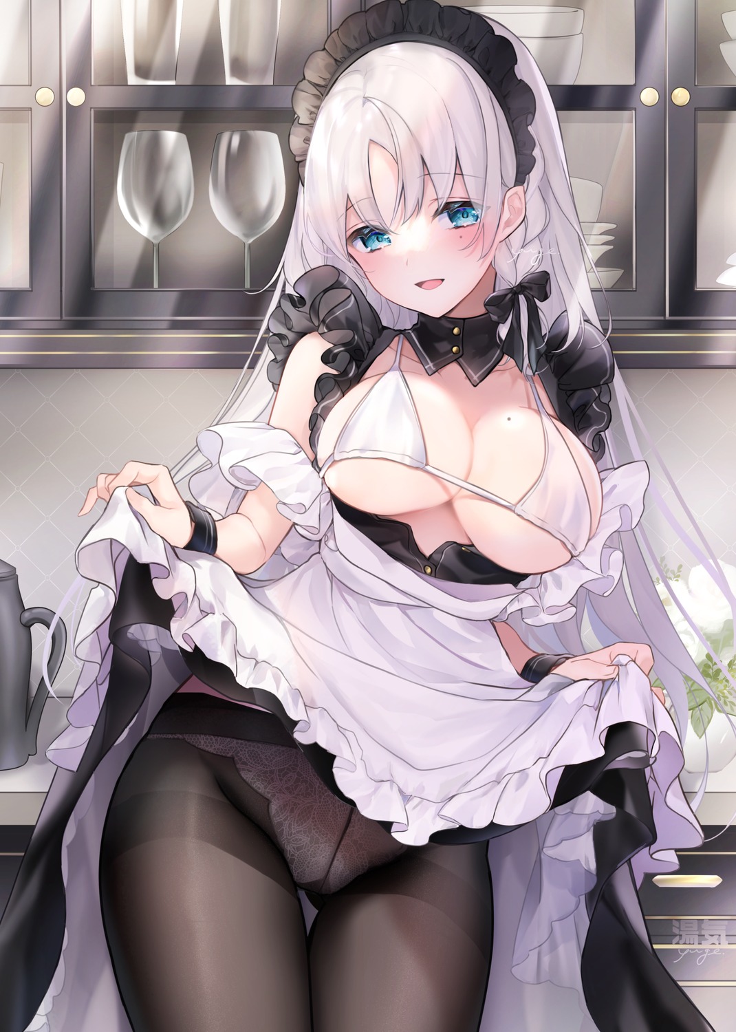 bra maid pantsu pantyhose skirt_lift yuge_(mkmk)