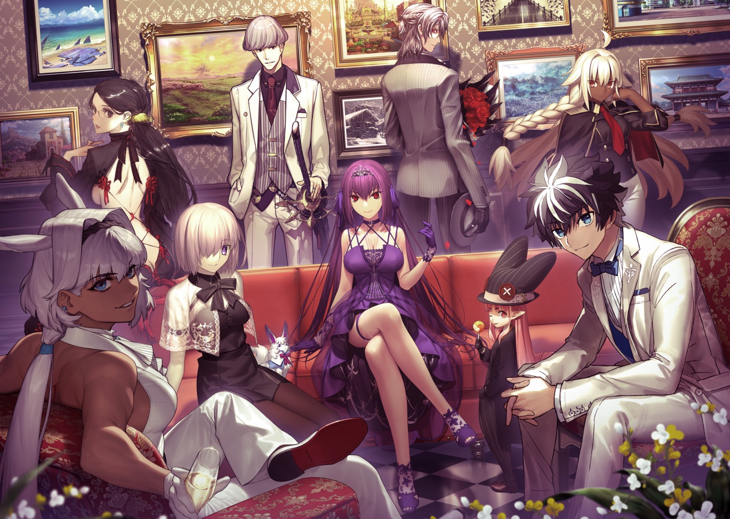 animal_ears antonio_salieri_(fate/grand_order) business_suit caenis_(fate/grand_order) charlemagne_(saber) dress fate/grand_order garter hirai_yukio koyama_hirokazu mash_kyrielight megane no_bra pantyhose pfalz pointy_ears scathach_skadi see_through sword takeuchi_takashi uniform