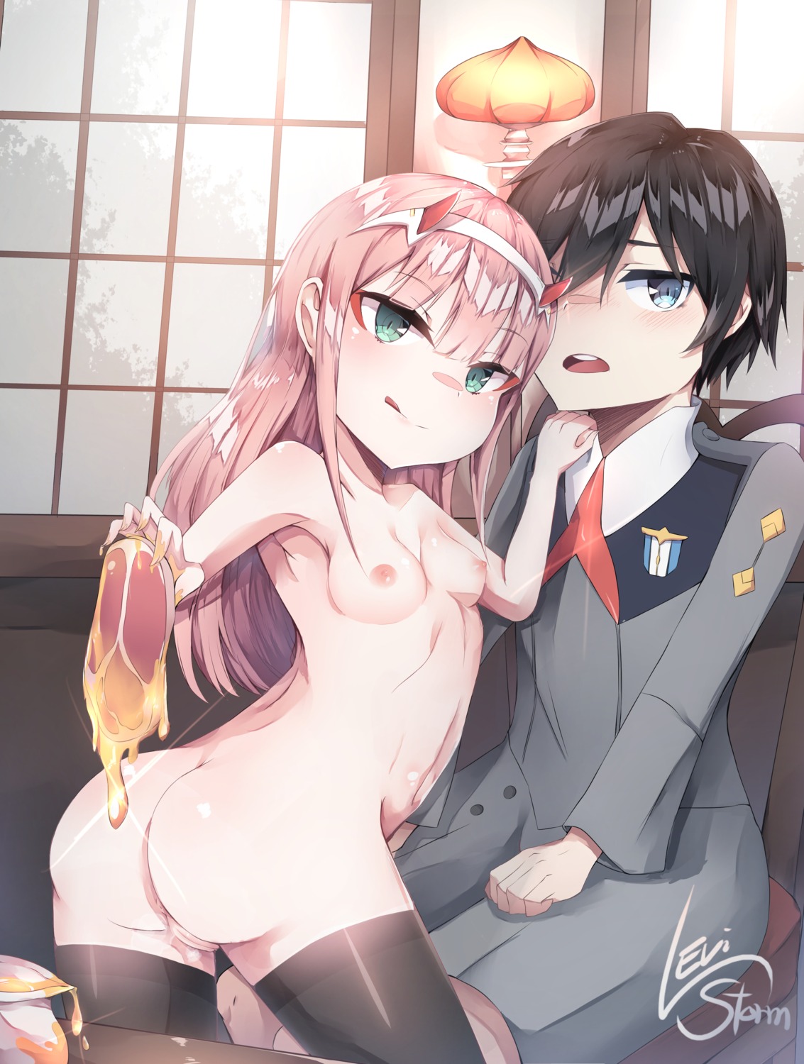 anus ass darling_in_the_franxx hiro_(darling_in_the_franxx) horns levi_storm loli naked nipples pussy thighhighs uniform zero_two_(darling_in_the_franxx)