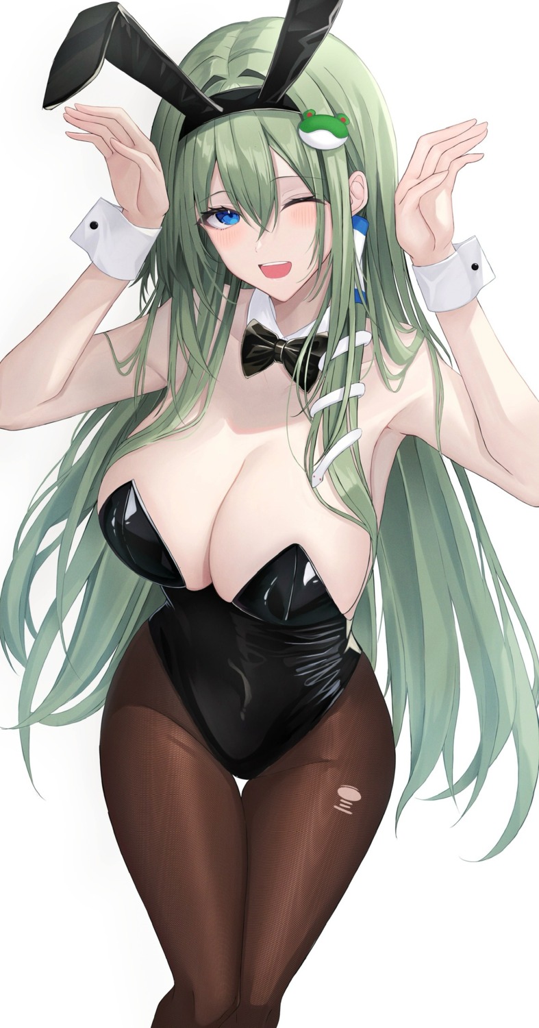 animal_ears bunny_ears bunny_girl kochiya_sanae kure:kuroha no_bra pantyhose torn_clothes touhou