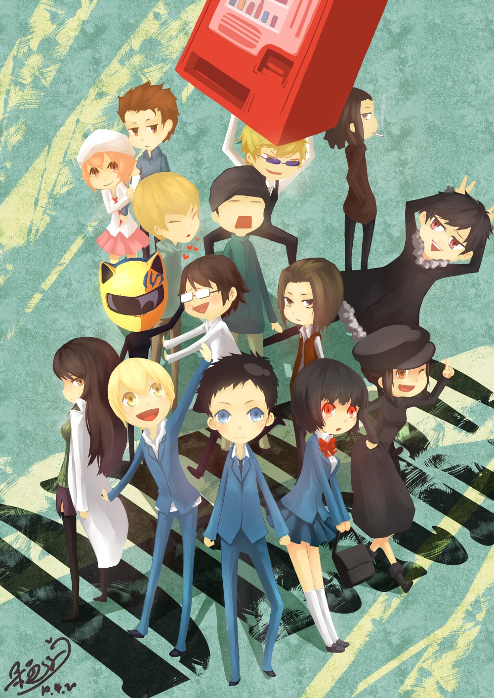 celty_sturluson chibi durarara!! harima_mika heiwajima_shizuo kadota_kyouhei karisawa_erika kida_masaomi megane orihara_izaya ryuugamine_mikado seifuku sonohara_anri tanaka_tom togusa_saburou yagiri_namie yagiri_seiji yumasaki_walker zuiyu12