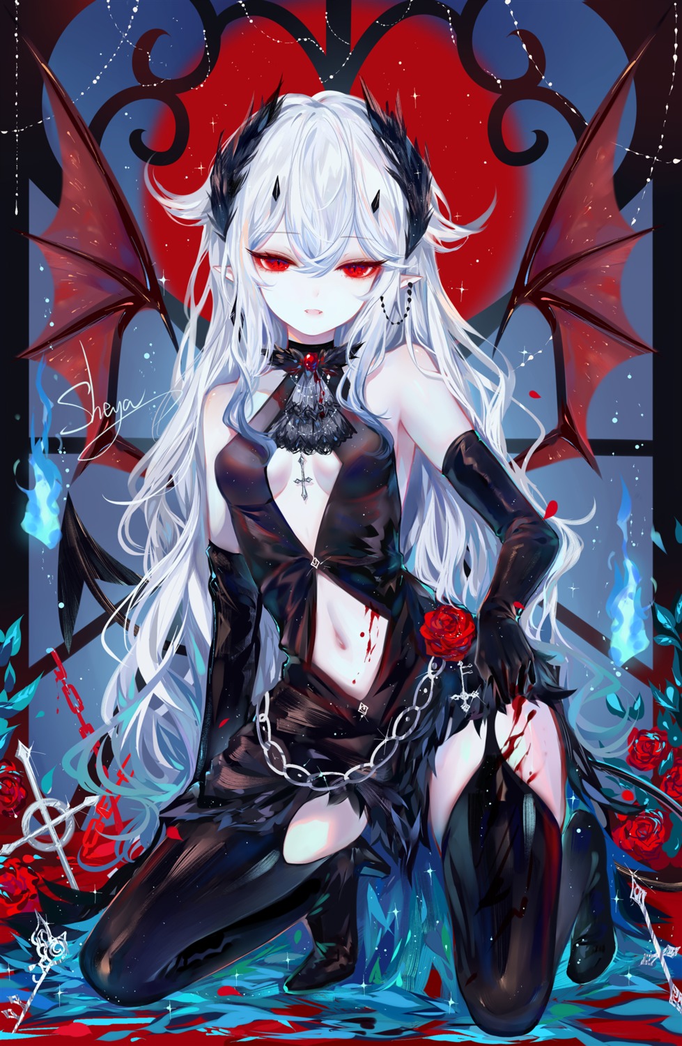 blood heels horns no_bra pointy_ears sheya skirt_lift stockings tail thighhighs wings