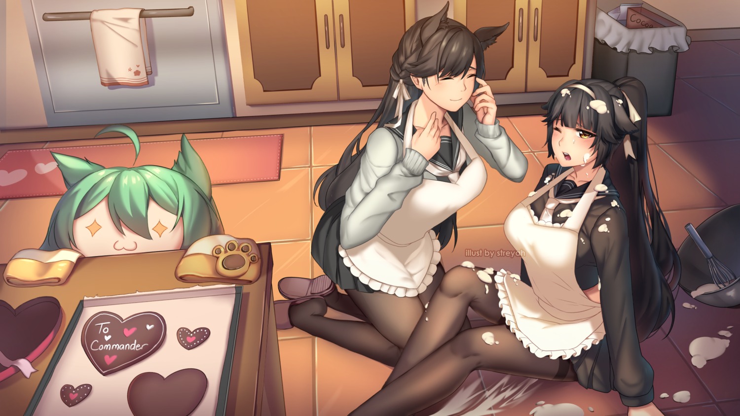 akashi_(azur_lane) animal_ears atago_(azur_lane) azur_lane cream pantyhose seifuku streyah sweater takao_(azur_lane)