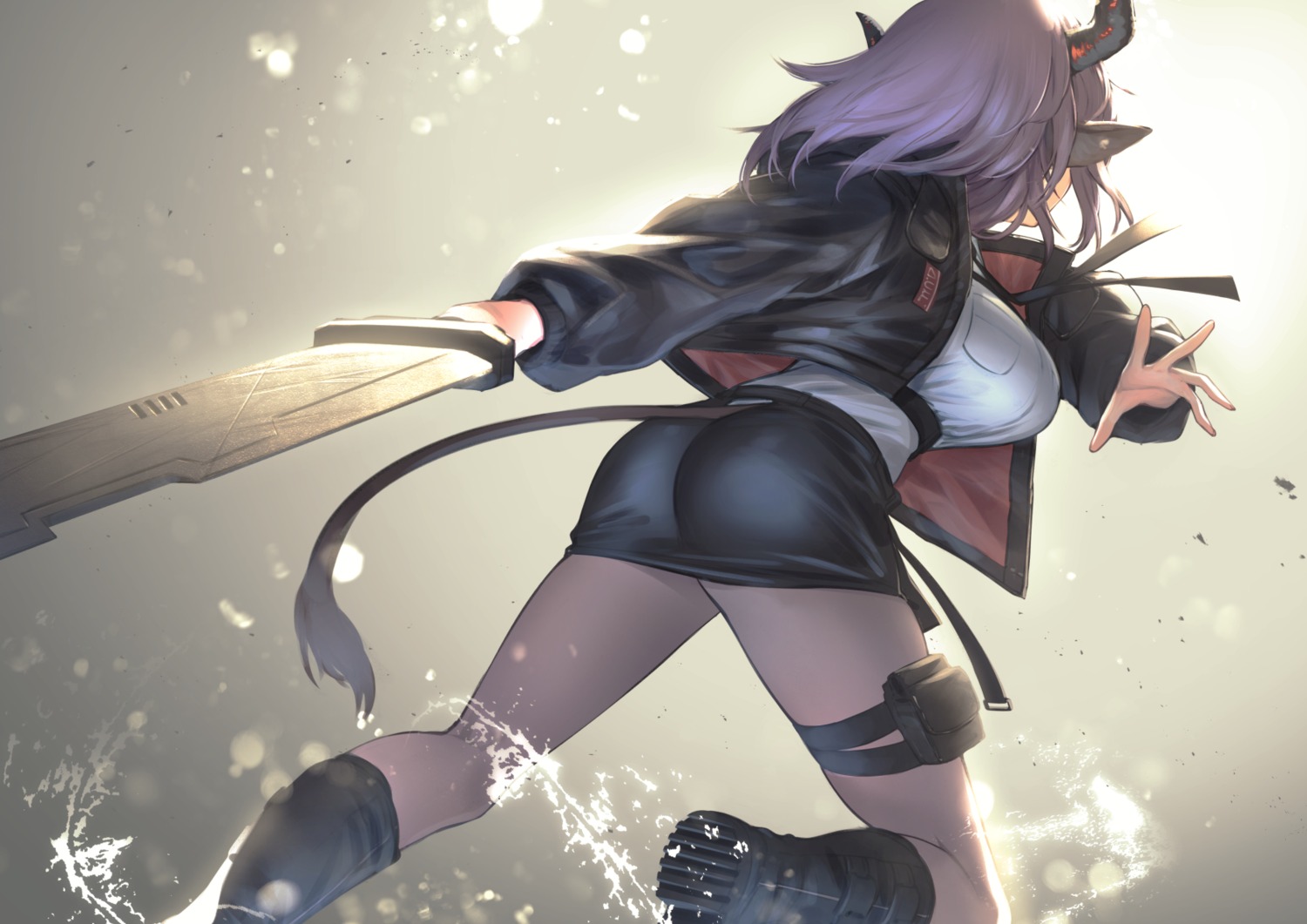 arknights ass horns itaco pointy_ears sideroca_(arknights) sweater sword tail