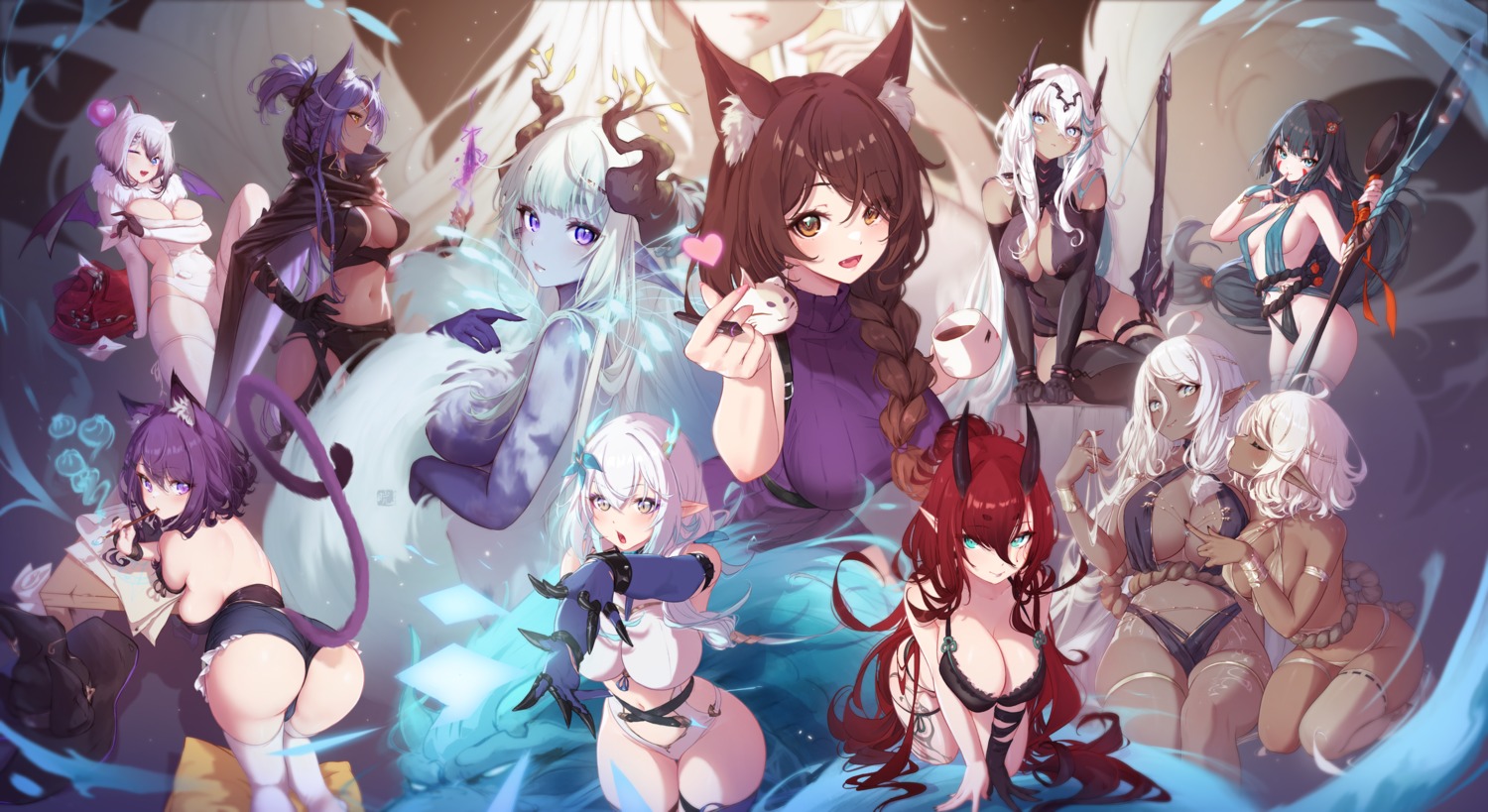 animal_ears ass bra devil elf garter horns mitsu_(mitsu_art) nekomimi no_bra pantsu pointy_ears sweater tail thighhighs weapon wings yuri