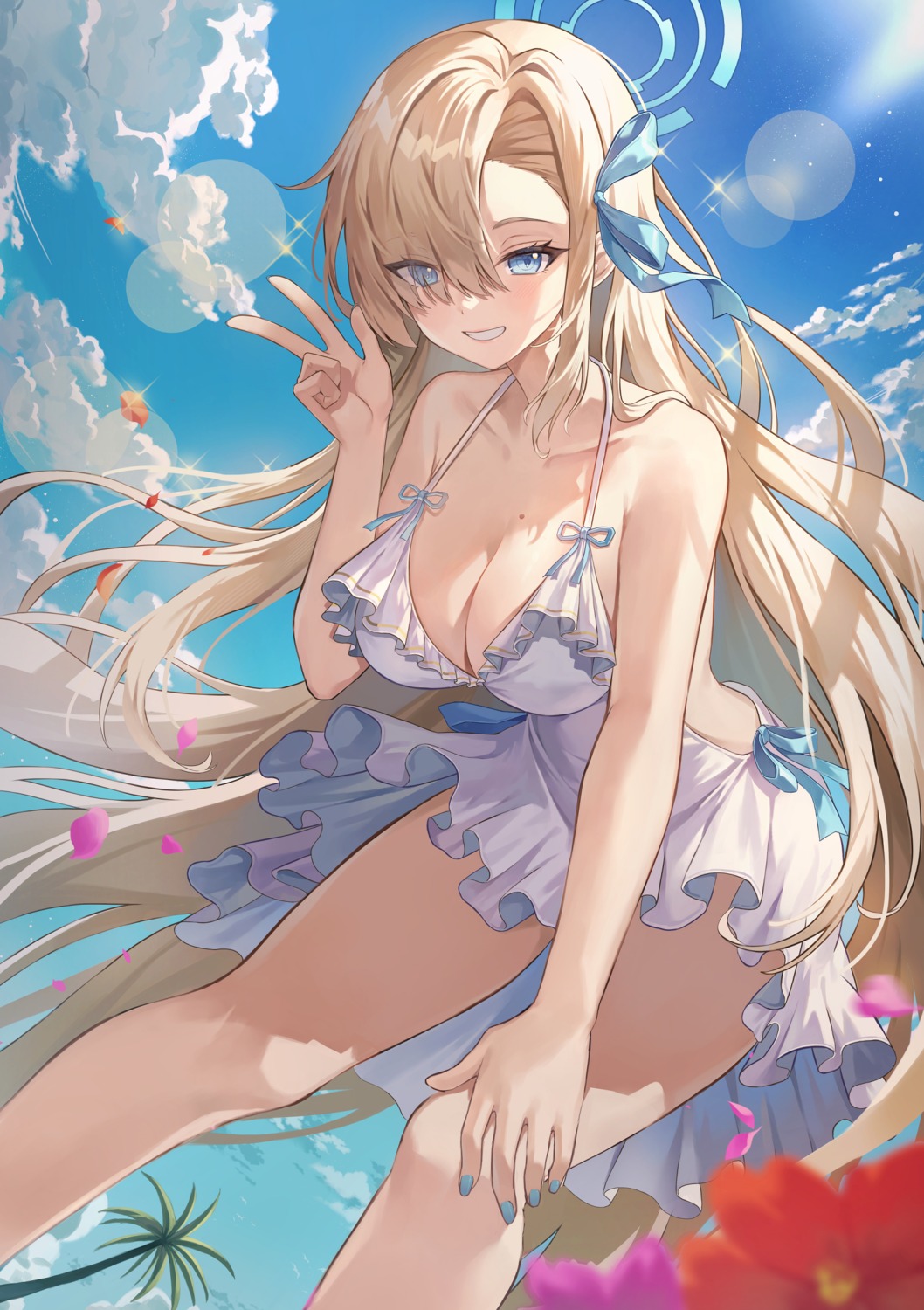 blue_archive dress greenapple halo ichinose_asuna no_bra skirt_lift summer_dress