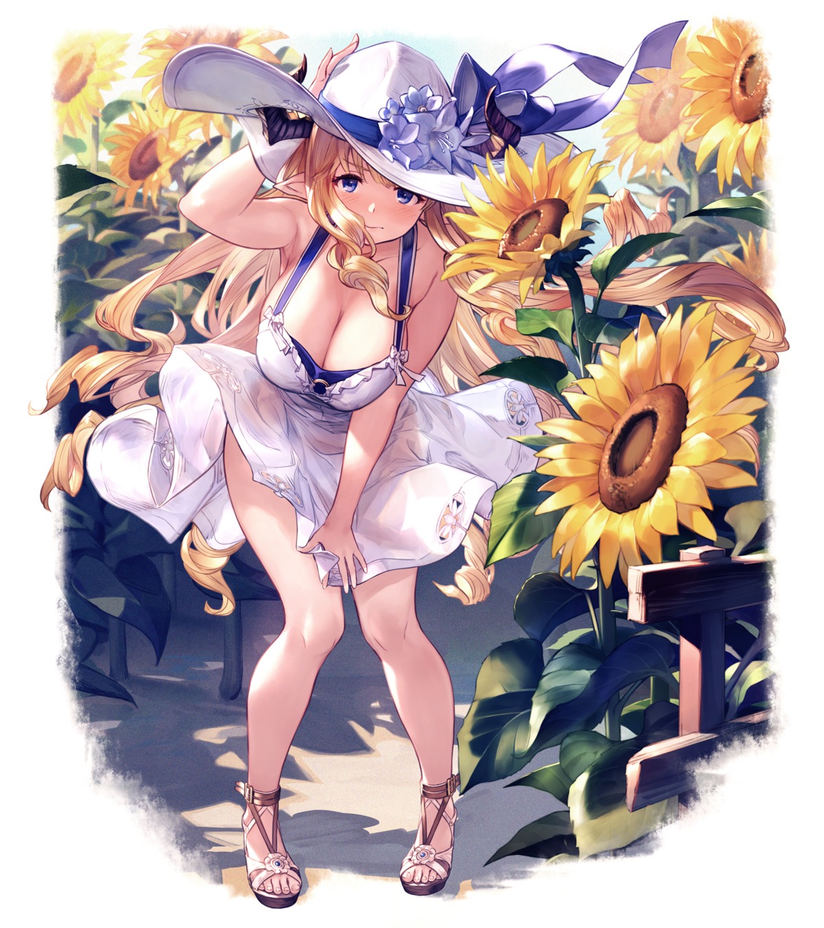 cleavage dress granblue_fantasy horns no_bra pointy_ears rastina see_through skirt_lift summer_dress u_suke