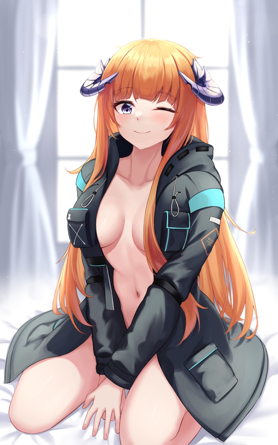 arknights bagpipe_(arknights) daisy_cutter horns no_bra open_shirt