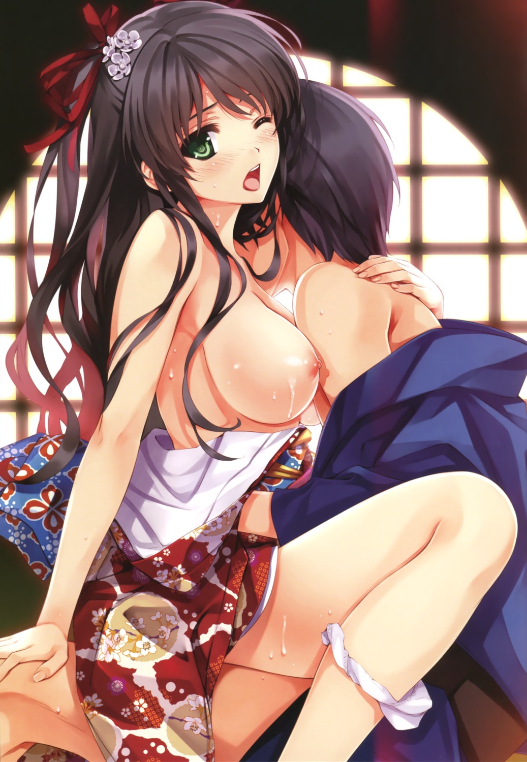 breasts comic_aun comic_aun_new_year's_girl kimono misaki_kurehito nipples no_bra open_shirt panty_pull sex