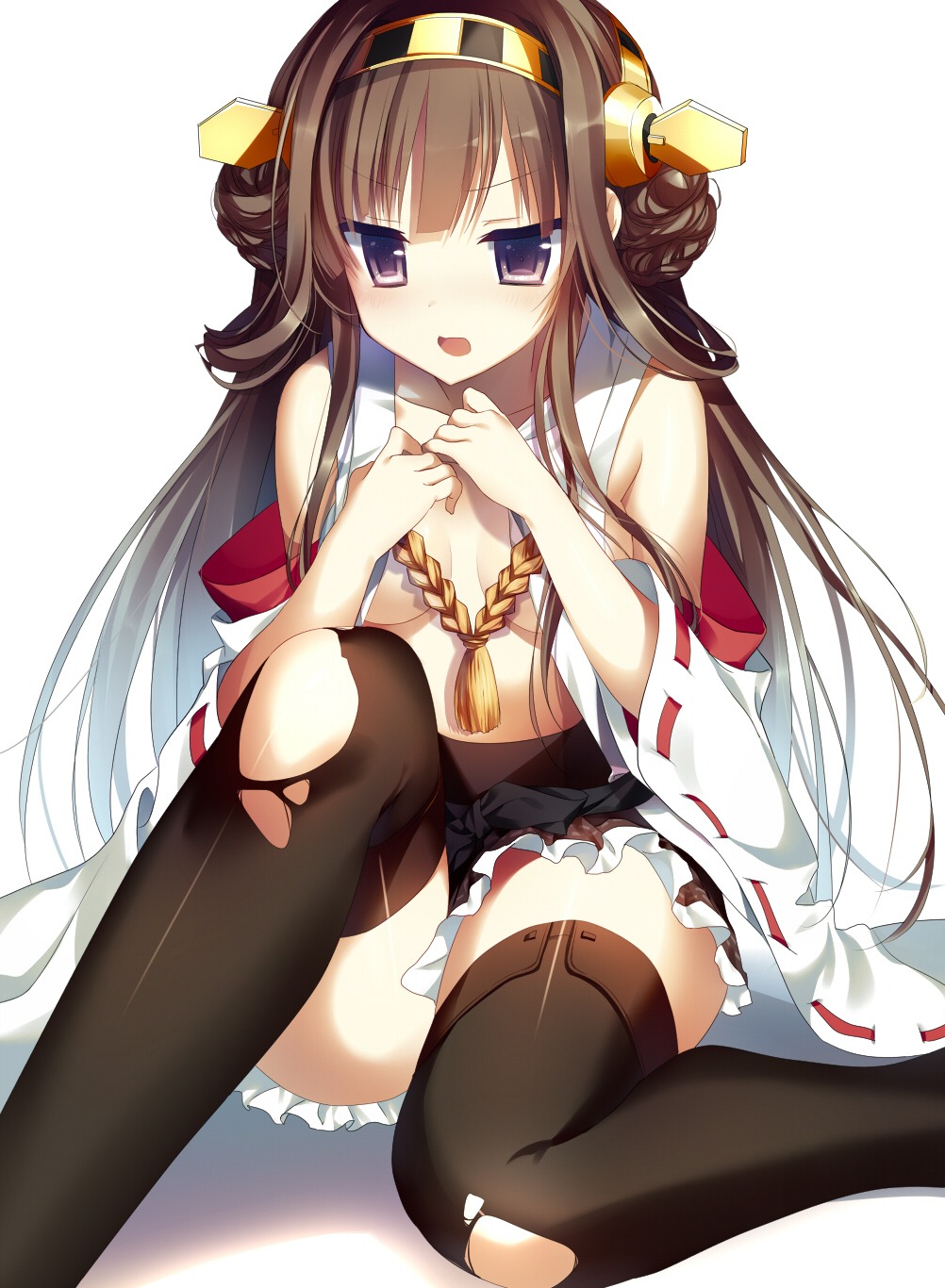 cleavage kantai_collection kongou_(kancolle) miko no_bra thighhighs torn_clothes yoruneko