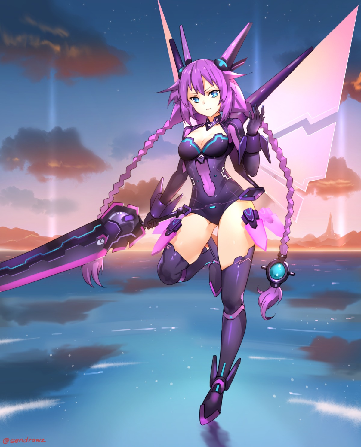 armor bodysuit choujigen_game_neptune cleavage horns purple_heart sendrawz sword thighhighs wings