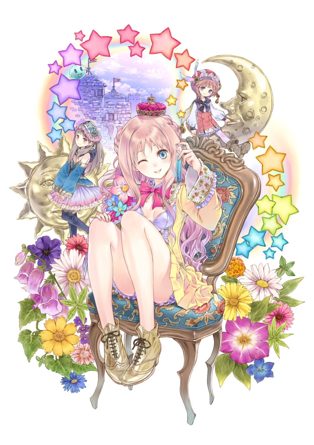 atelier atelier_meruru atelier_rorona bloomers cleavage dress heels kishida_mel merurulince_rede_arls pantyhose puni rorolina_frixell thighhighs totooria_helmold