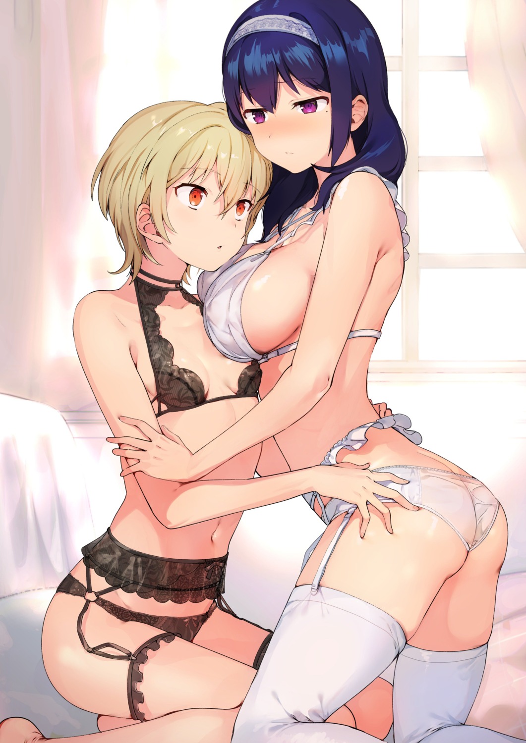 ass bra cleavage erect_nipples garter garter_belt harumi_hana ichihara_chiaki konbu_wakame lingerie pantsu see_through sekai_de_ichiban_oppai_ga_suki! stockings thighhighs yuri