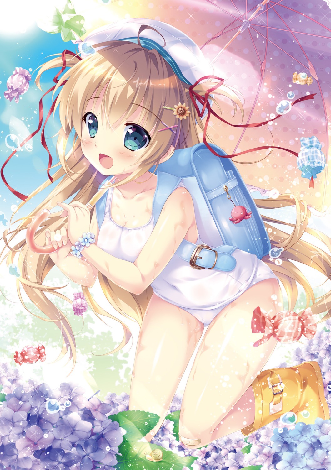 bandaid digital_version mikeou school_swimsuit swimsuits umbrella wet