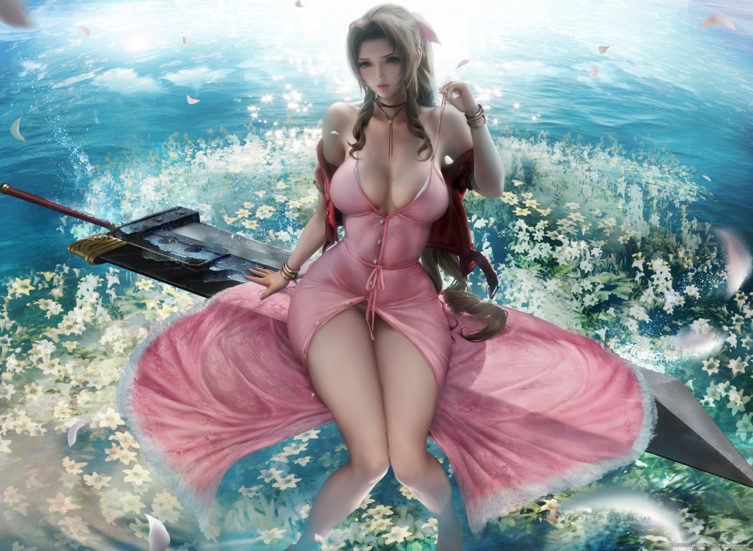 aerith_gainsborough dress final_fantasy final_fantasy_vii no_bra pantsu sakimichan skirt_lift sword