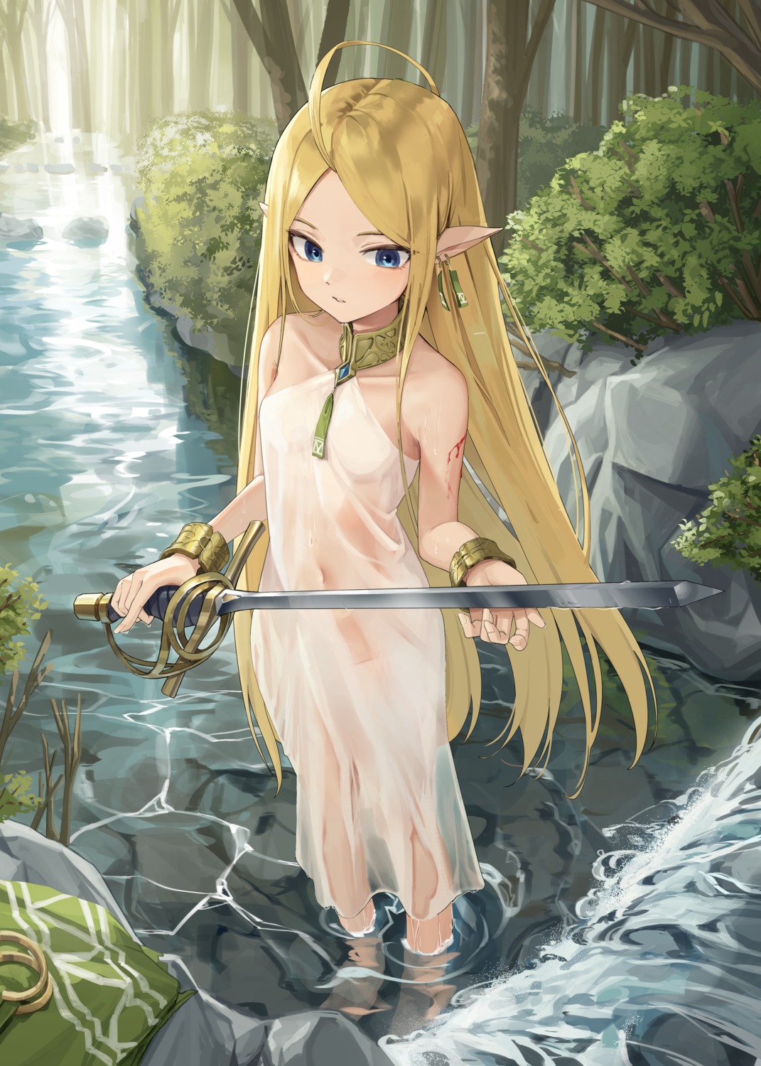 blood elf goback lingerie no_bra nopan pointy_ears see_through sword wet wet_clothes