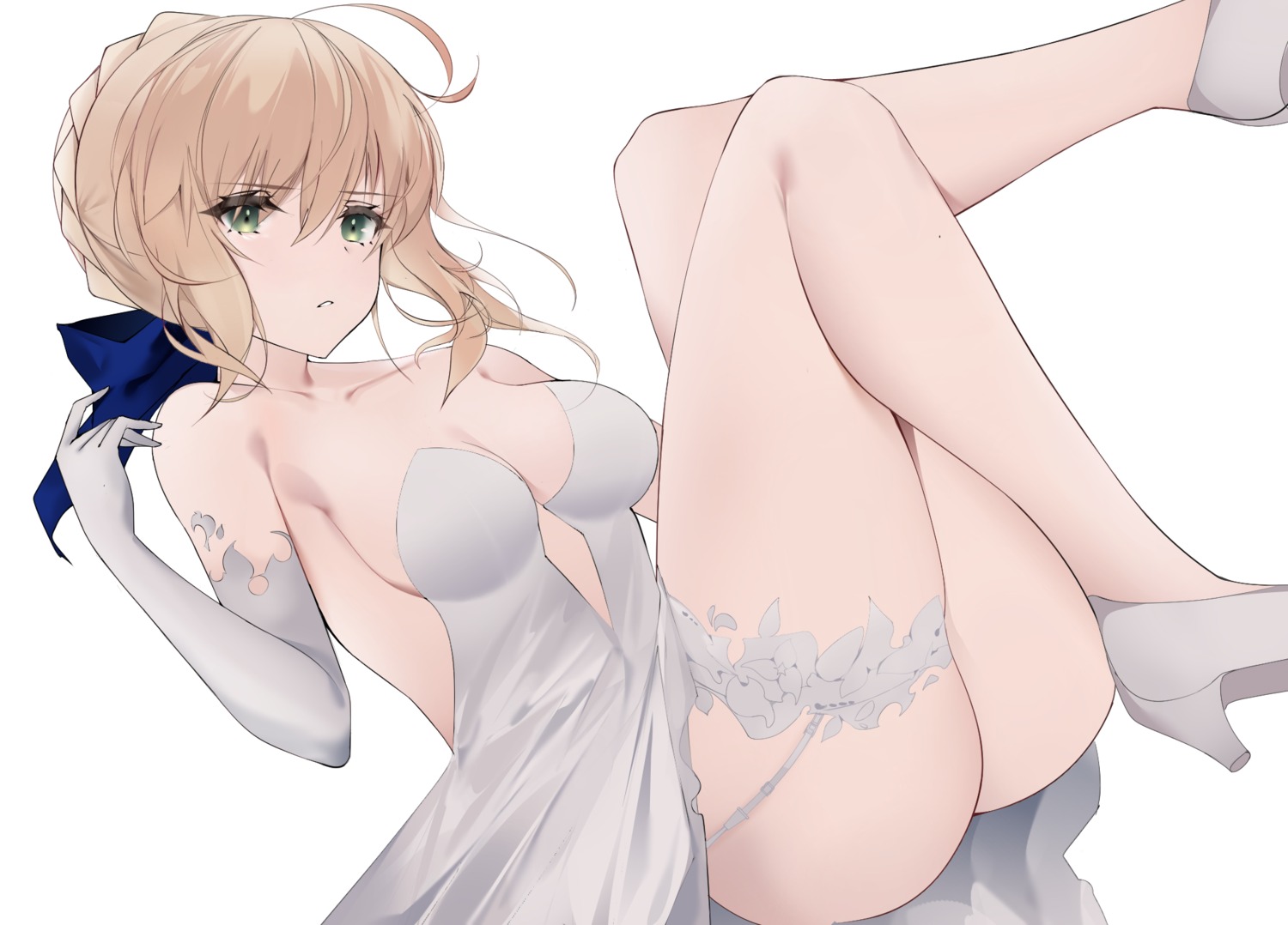 artoria_pendragon_(lancer) dress fate/grand_order nopan skirt_lift spice_(spicezzumi) stockings thighhighs