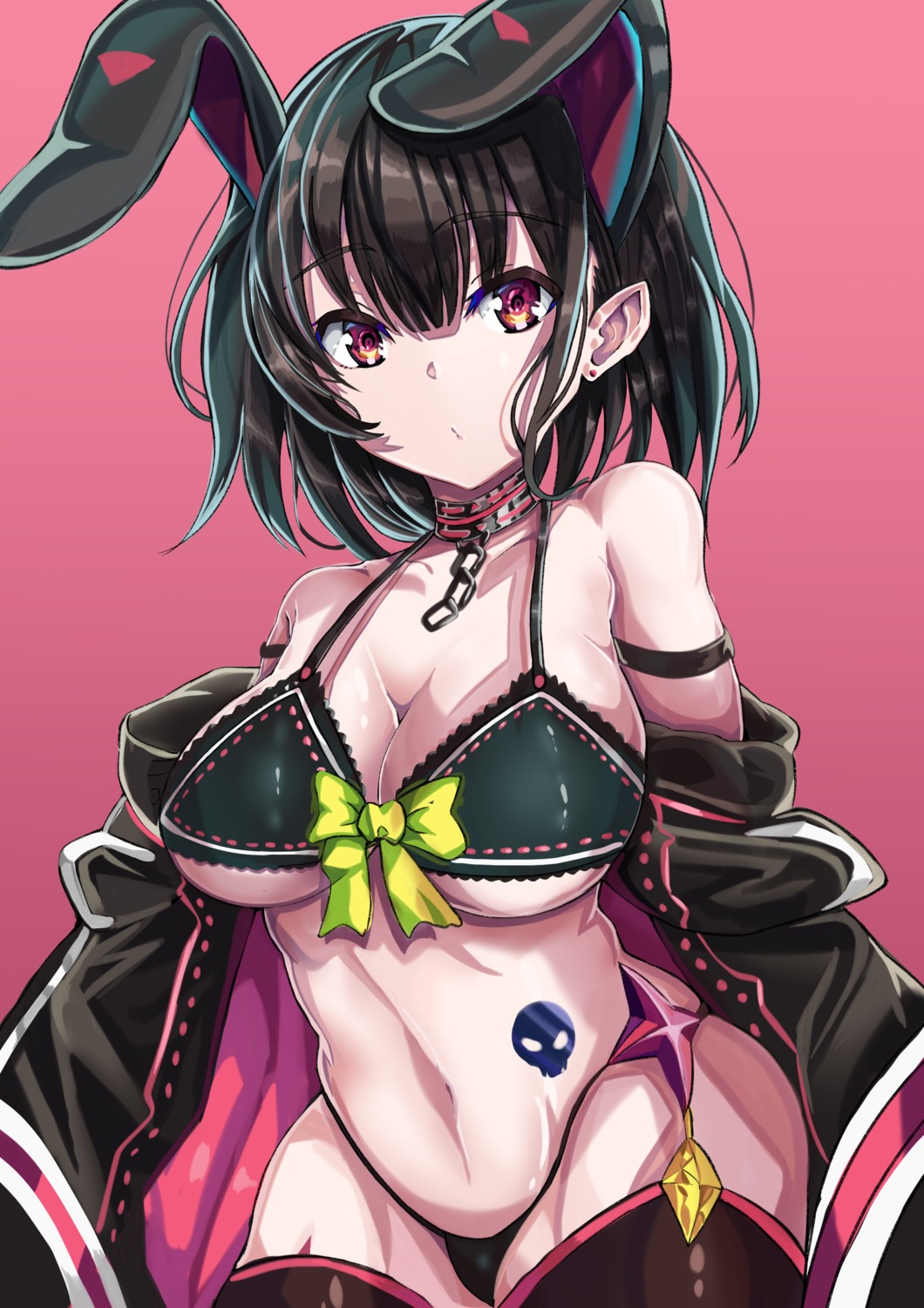 animal_ears bikini bunny_ears cleavage open_shirt pointy_ears swimsuits thighhighs underboob yuchio