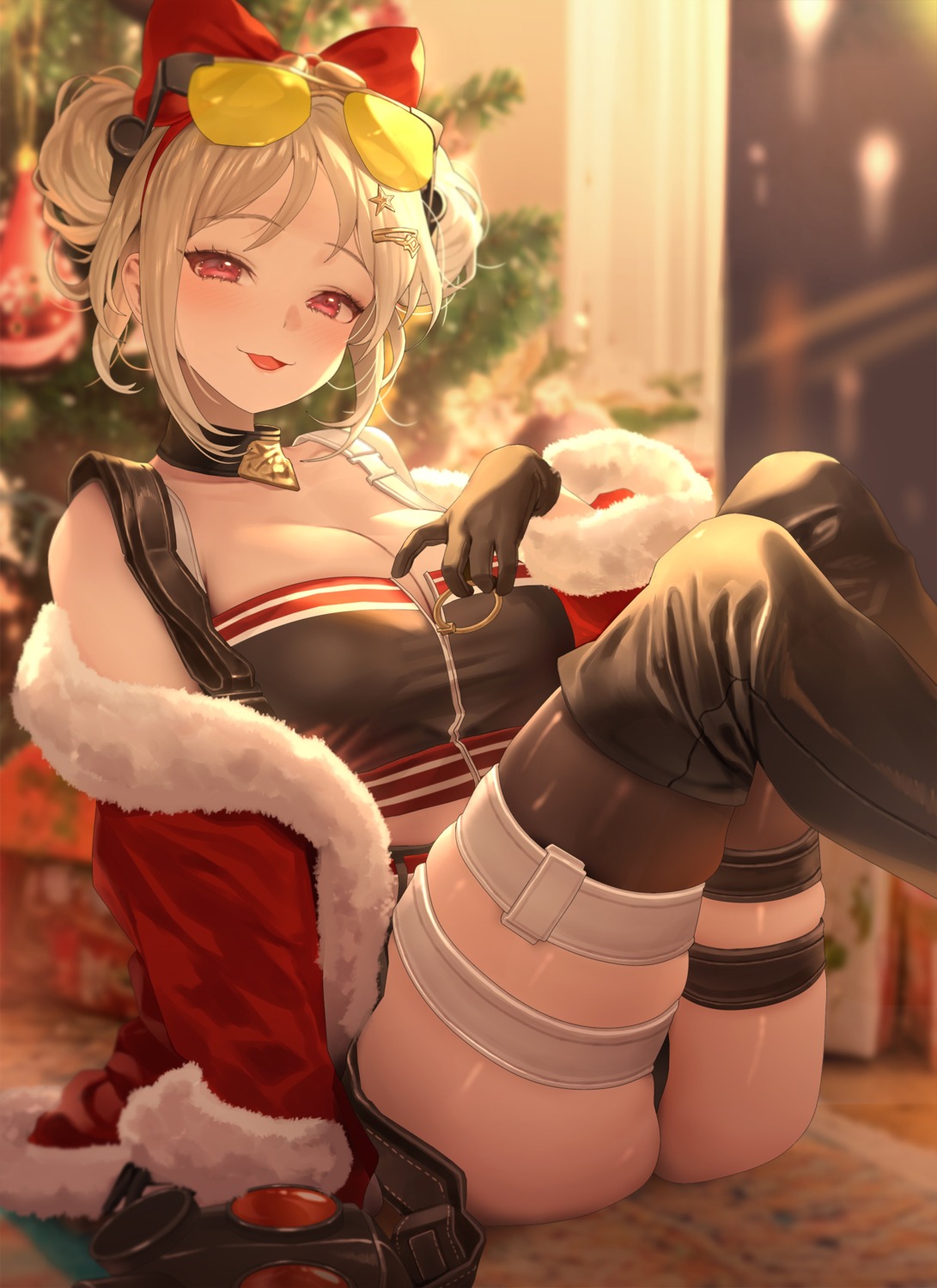 christmas garter girls_frontline megane p90_(girls_frontline) pantsu ruhee skirt_lift thighhighs thong