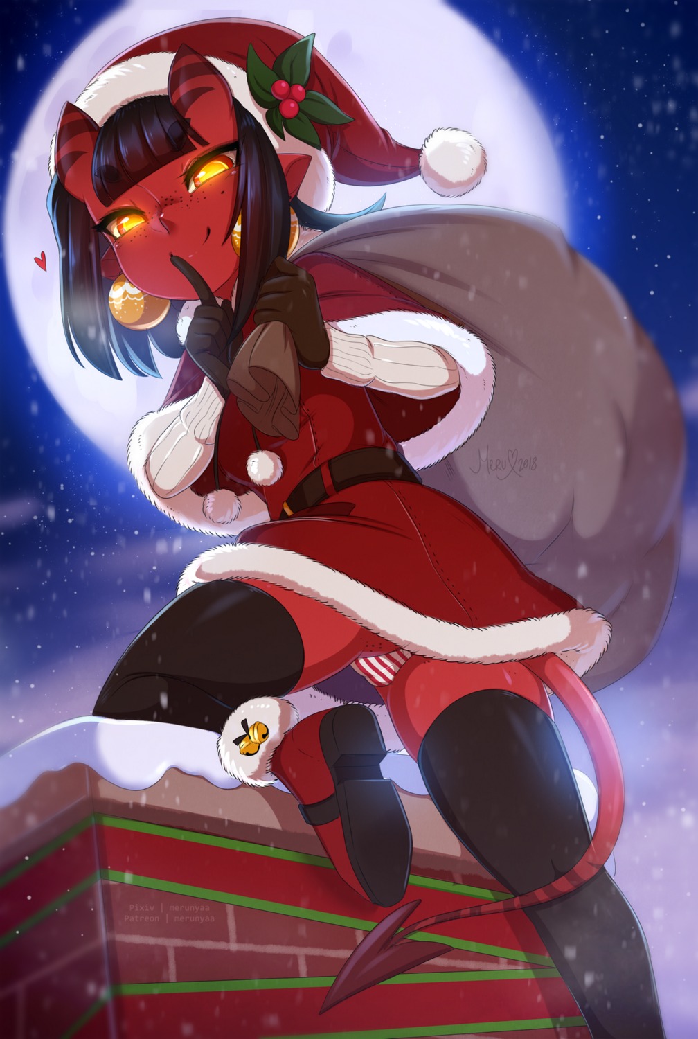 cameltoe christmas devil horns meruccubus merunyaa pantsu pointy_ears shimapan skirt_lift tail thighhighs