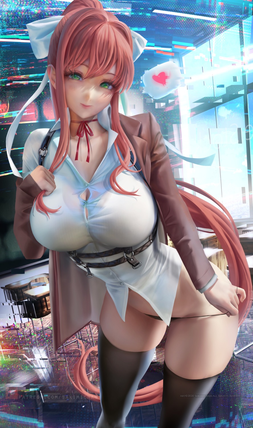 bra cleavage doki_doki_literature_club! monika_(doki_doki_literature_club!) pantsu panty_pull sakimichan see_through seifuku thighhighs undressing