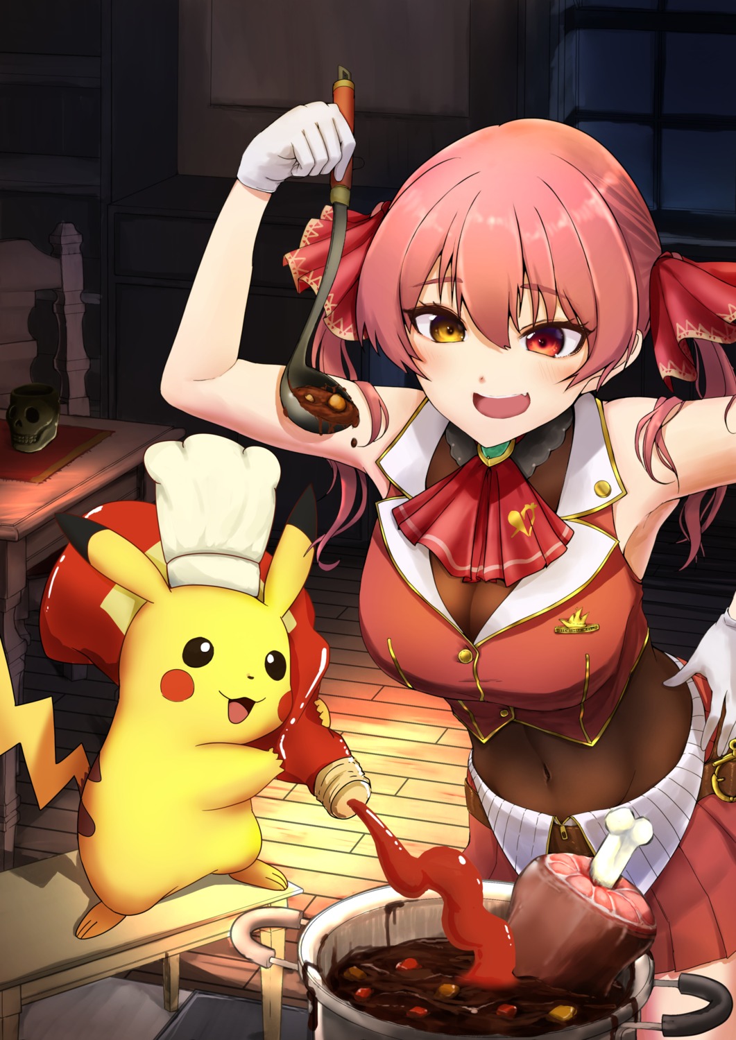 creid crossover heterochromia hololive houshou_marine pikachu pokemon