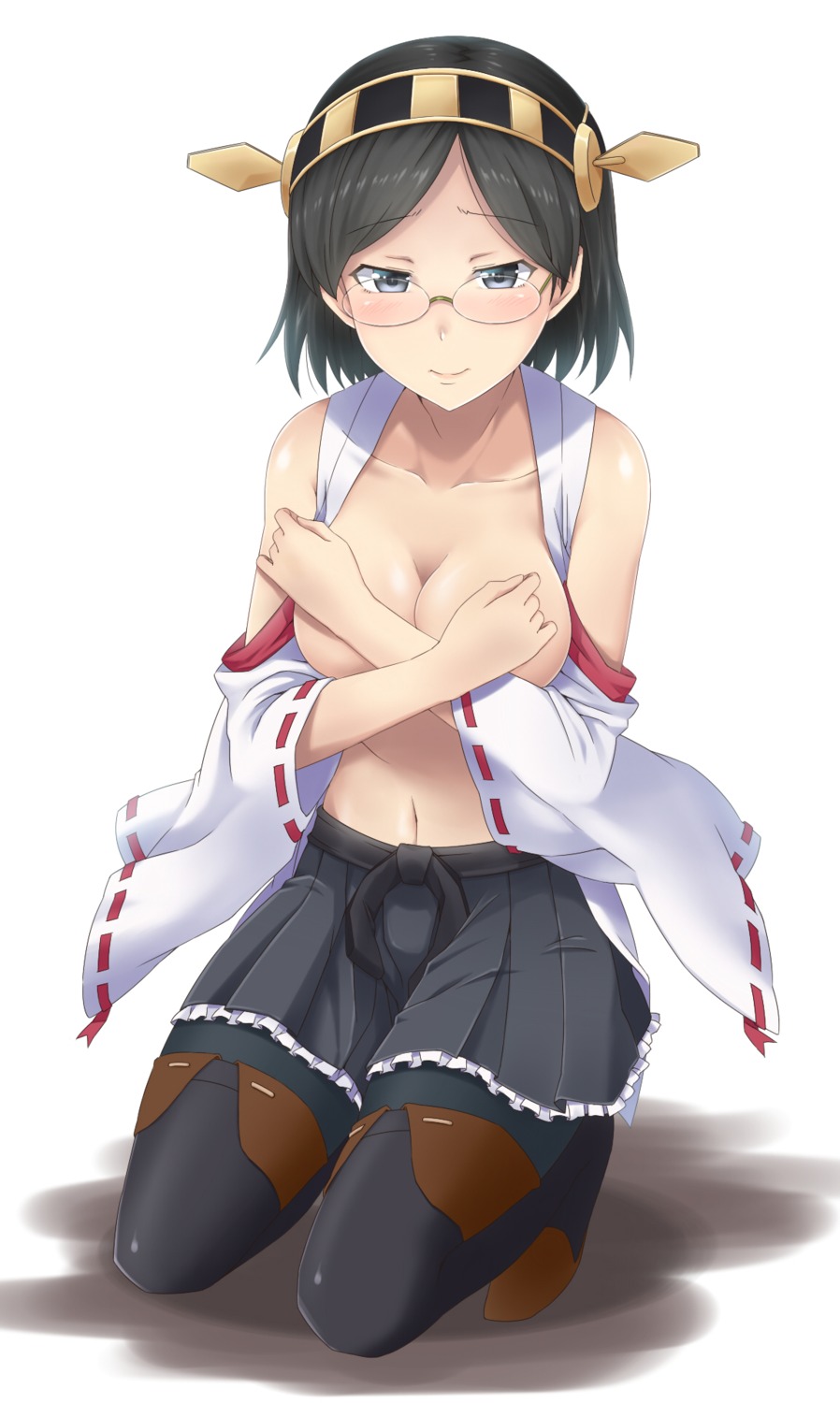 breast_hold breasts kantai_collection kirishima_(kancolle) megane no_bra open_shirt takahan