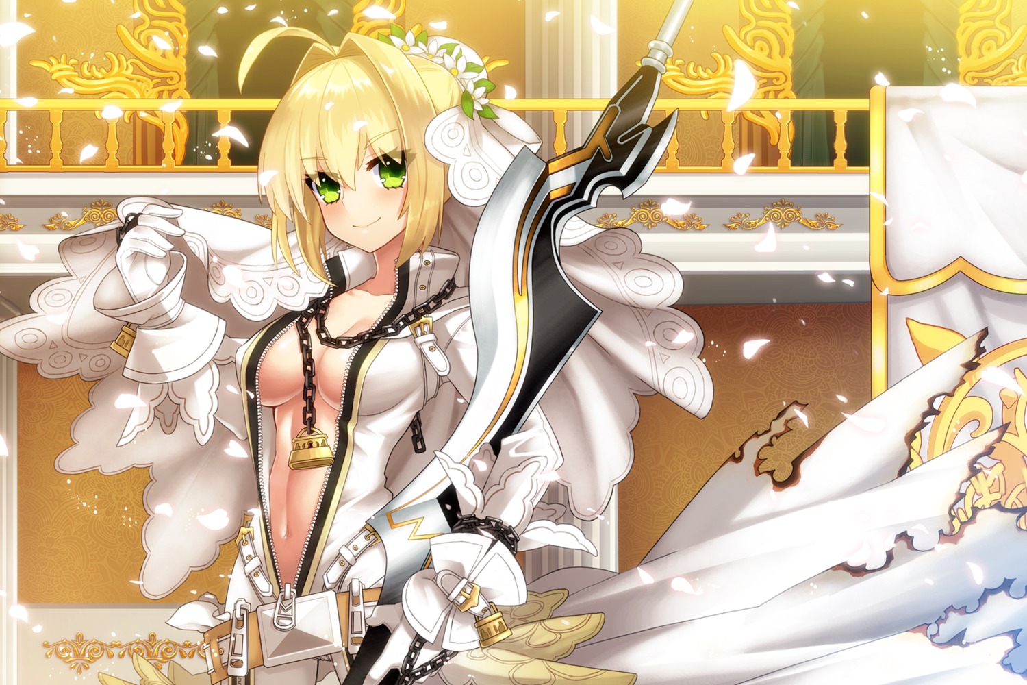 bodysuit fate/grand_order no_bra open_shirt saber_bride saber_extra sword uiu