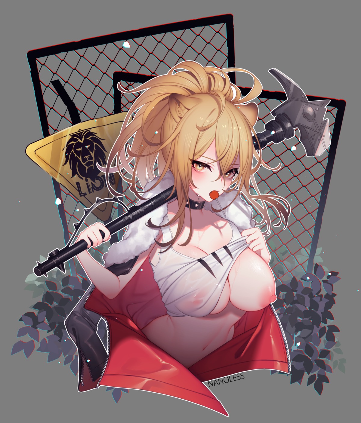 animal_ears areola arknights breasts nanoless nipples no_bra see_through shirt_lift siege_(arknights) transparent_png undressing weapon