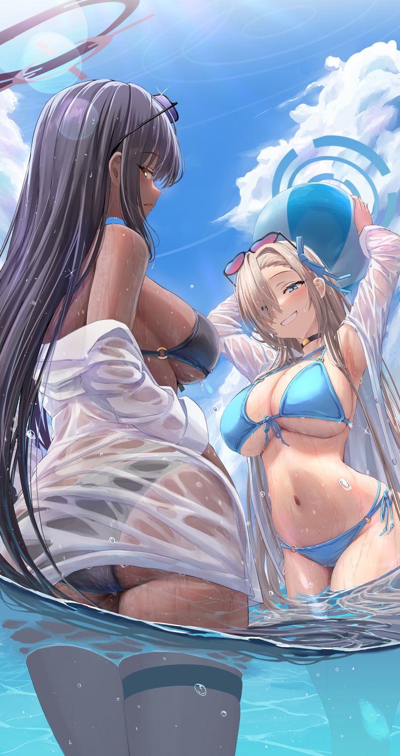 ass bikini blue_archive garter halo ichinose_asuna kakudate_karin megane open_shirt see_through silver_bullet_(ecc12_8) swimsuits thong wet wet_clothes