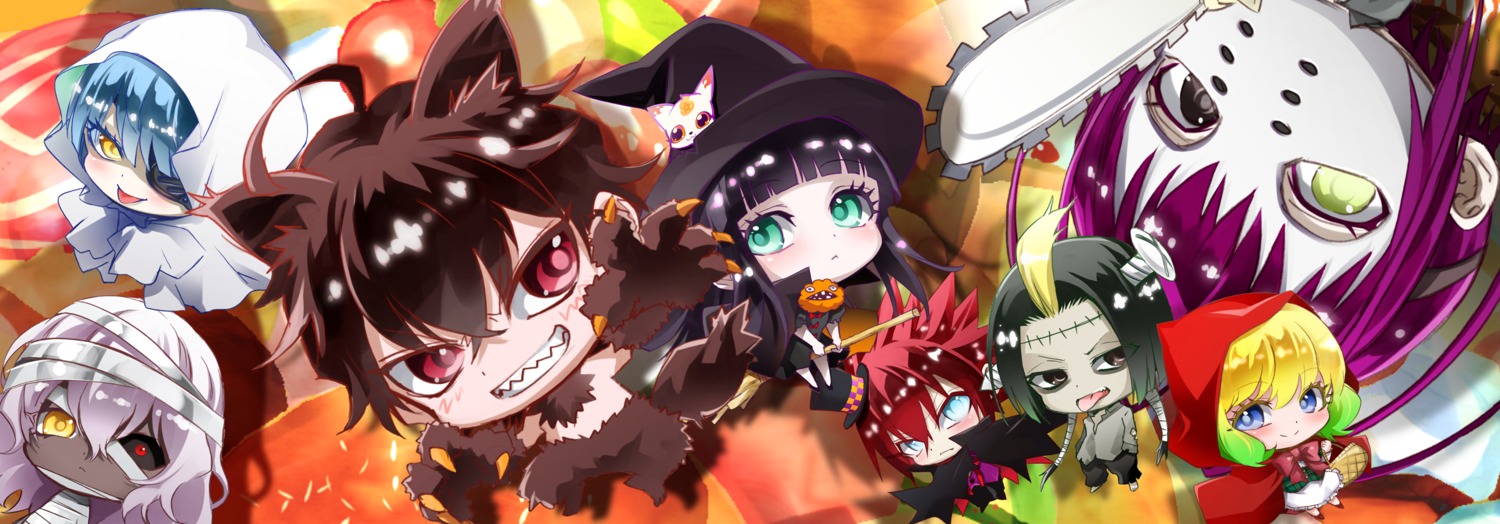 adashino_benio amawaka_seigen animal_ears bandages chibi enmadou_rokuro halloween heterochromia ijika_yuuto ikaruga_shimon kamui_(sousei_no_onmyouji) kinako_(sousei_no_onmyouji) otomi_mayura sousei_no_onmyouji sukeno_yoshiaki tail unomiya_tenma witch