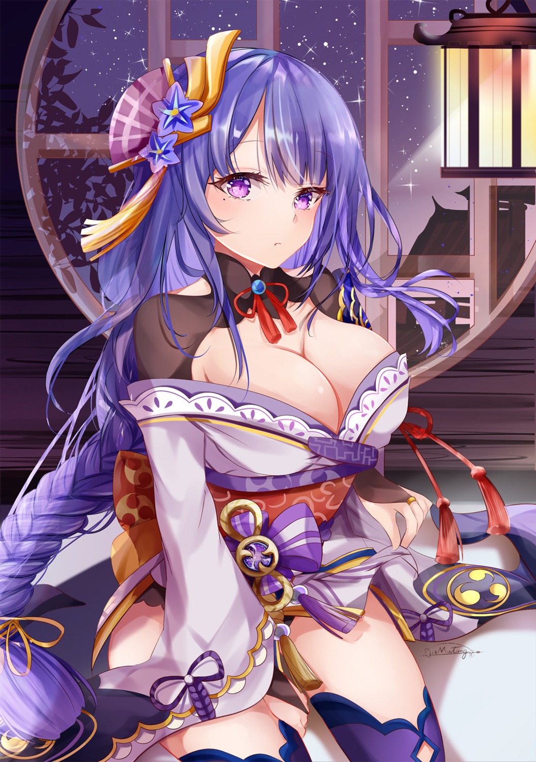 armor genshin_impact japanese_clothes mu_tang no_bra open_shirt raiden_shogun thighhighs