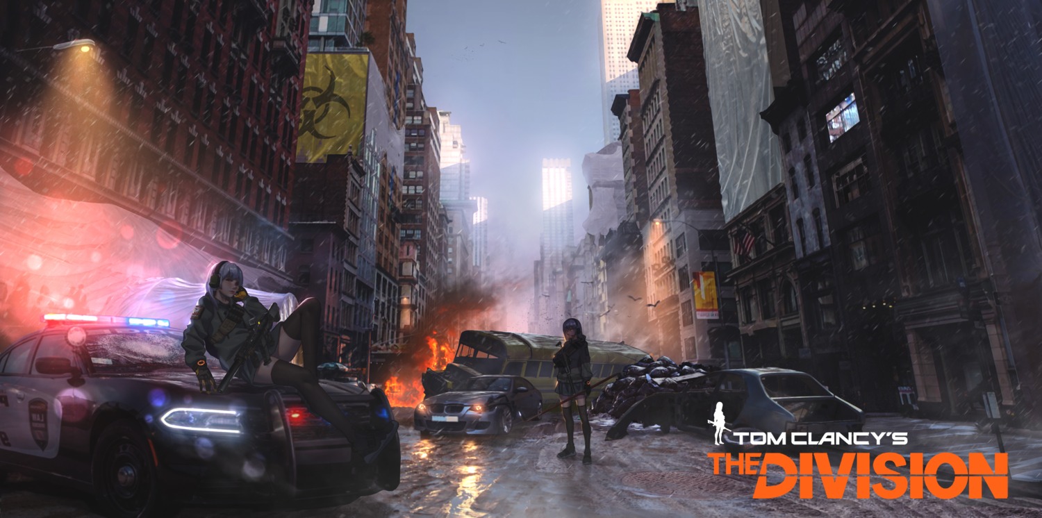 baka_(mh6516620) gun headphones landscape thighhighs tom_clancy's_the_division weapon