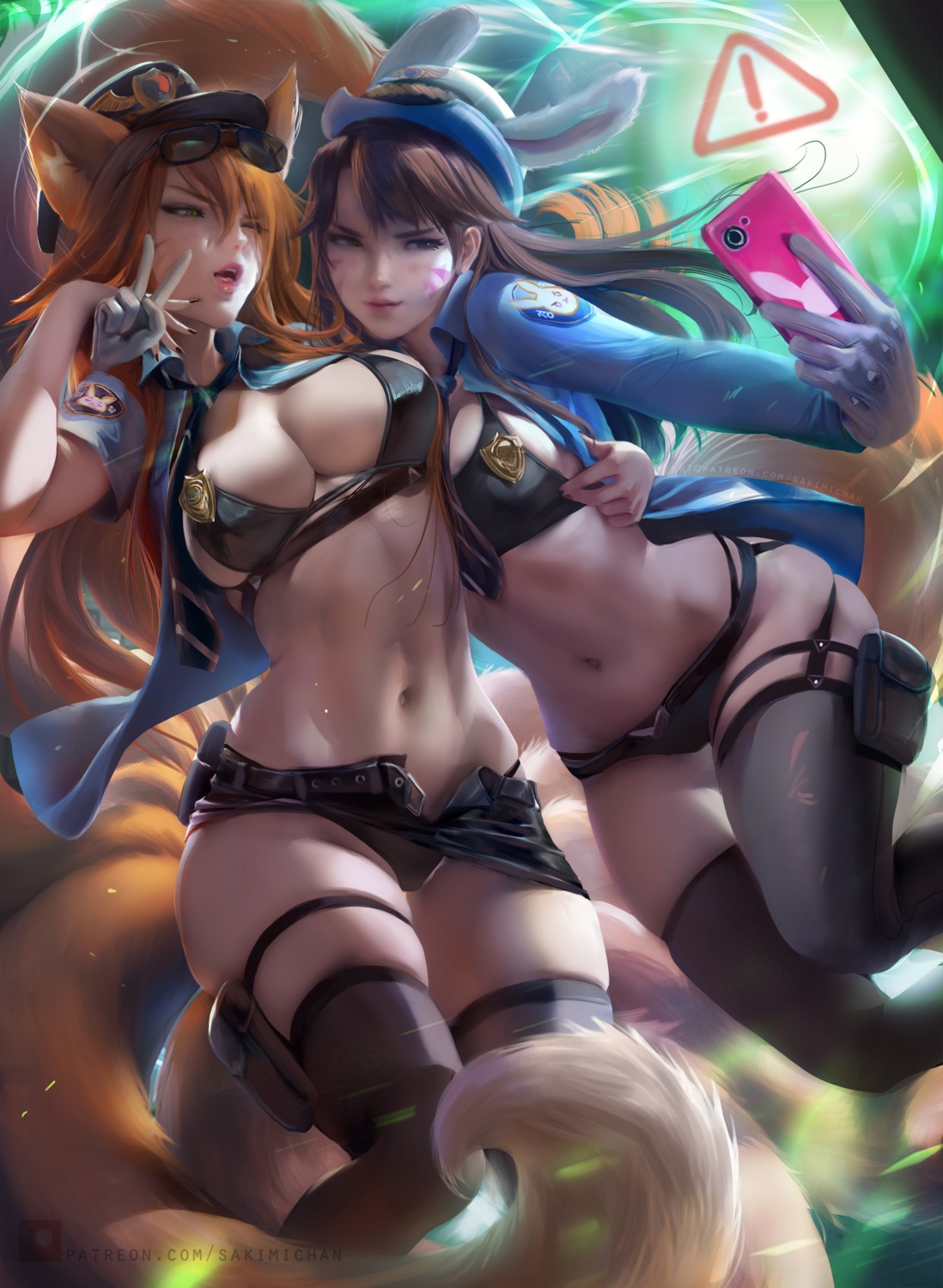 ahri animal_ears bra bunny_ears cleavage crossover d.va garter_belt league_of_legends megane official_watermark open_shirt overwatch pantsu police_uniform possible_duplicate sakimichan skirt_lift stockings tail thighhighs