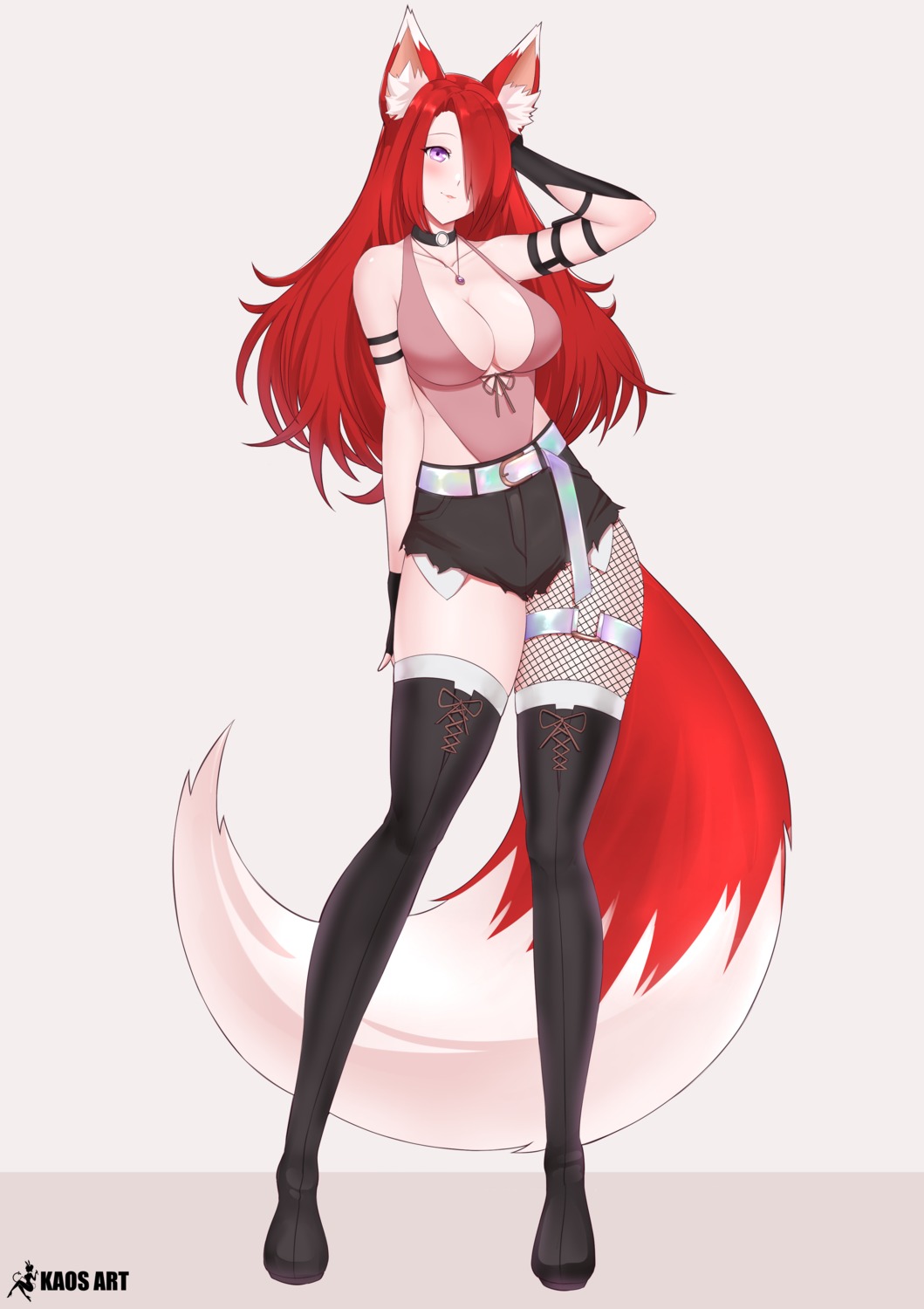 animal_ears fishnets garter kaos_art kitsune no_bra tail thighhighs torn_clothes