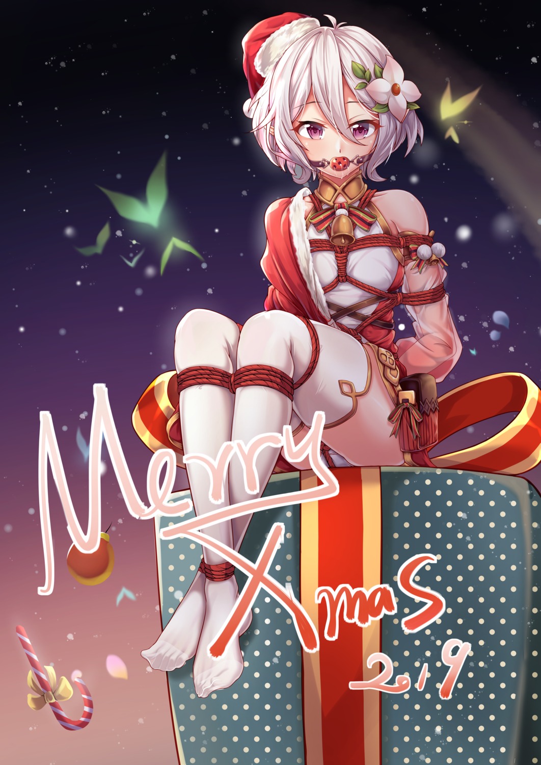 bondage christmas kokkoro pantsu pointy_ears princess_connect princess_connect!_re:dive skirt_lift thighhighs yiduan_zhu