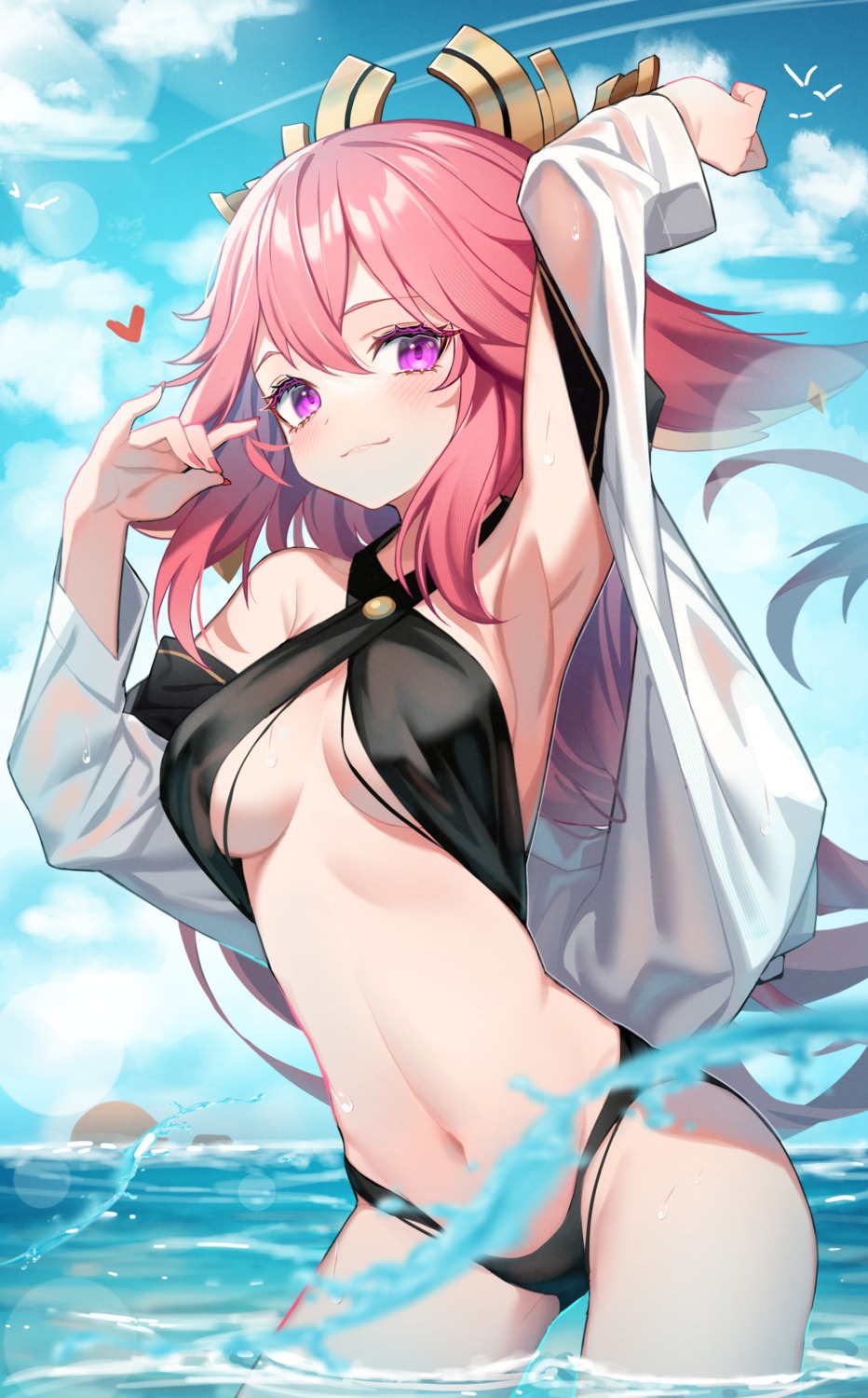 animal_ears bikini genshin_impact kitsune open_shirt see_through sugar_(dndi888) swimsuits wet wet_clothes yae_miko