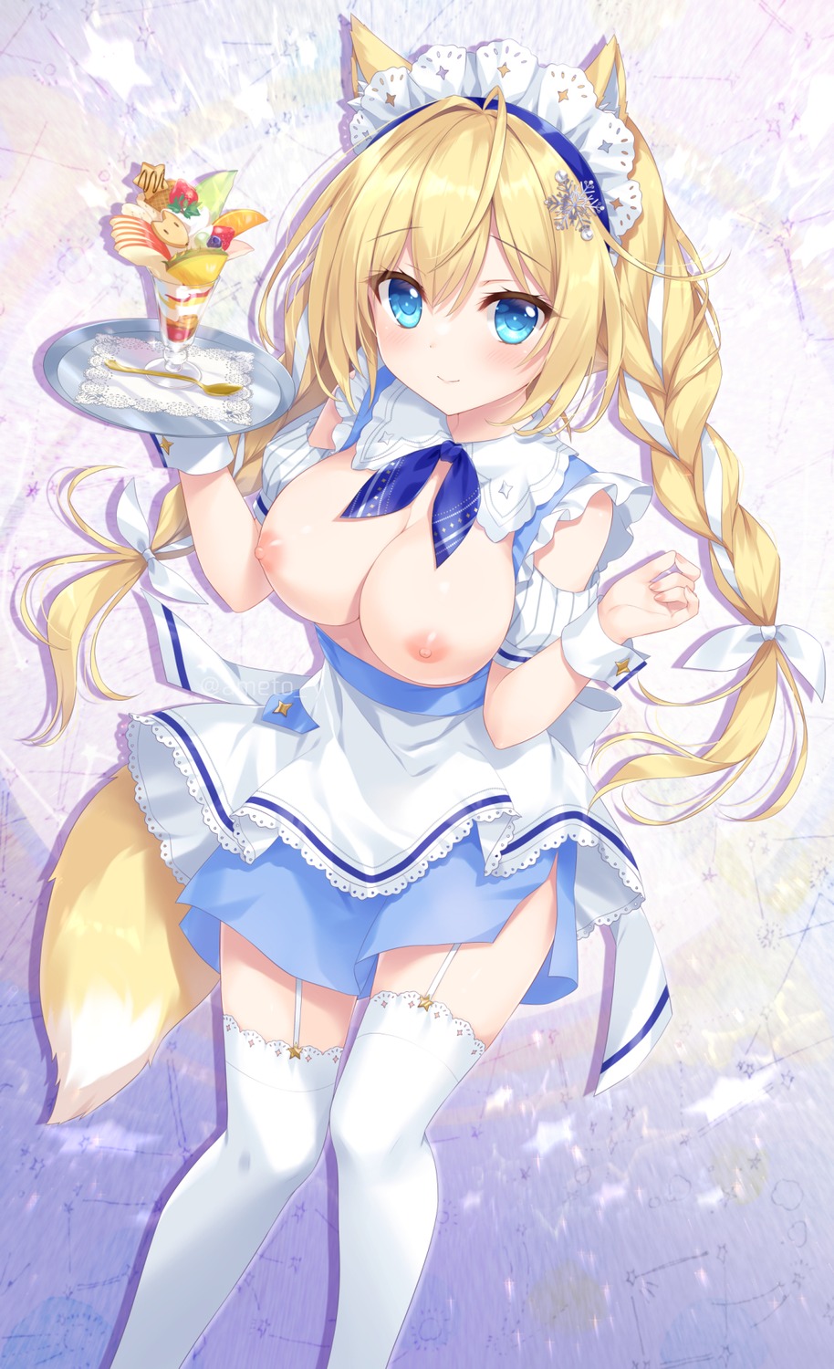 ameto_yuki animal_ears breasts kitsune maid nipples no_bra open_shirt spica_(ameto_yuki) stockings tail thighhighs waitress