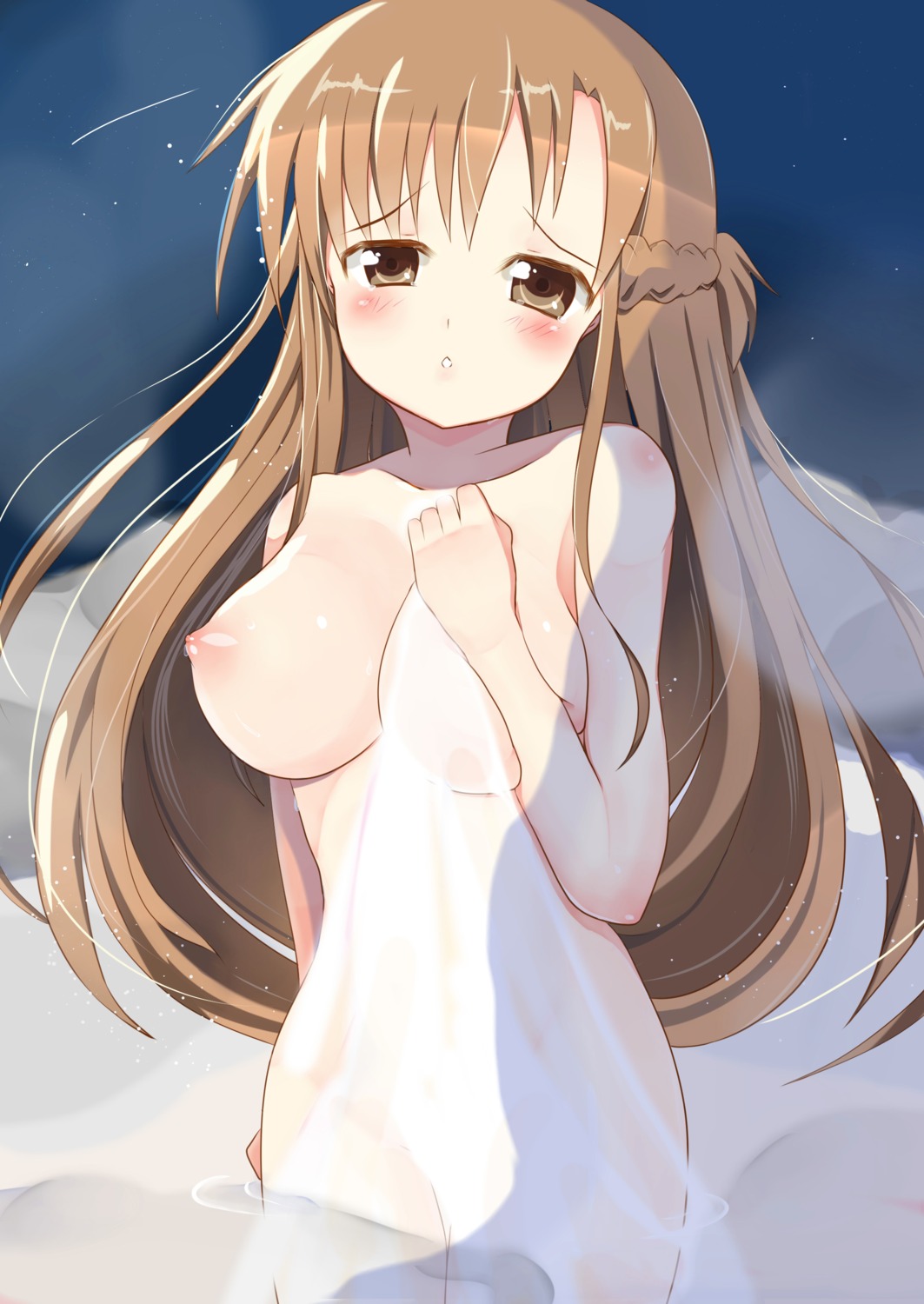 asahina asuna_(sword_art_online) breast_hold naked nipples sword_art_online towel