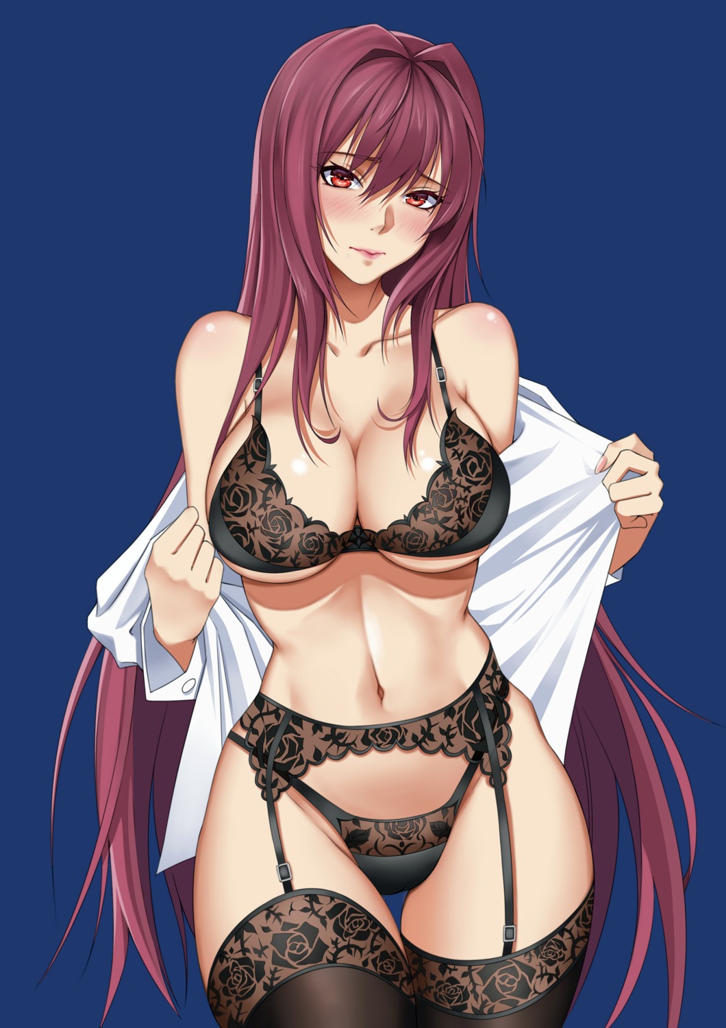 bra cleavage fate/grand_order garter_belt lingerie open_shirt pantsu scathach_(fate/grand_order) stockings thighhighs underboob undressing xiao_gen