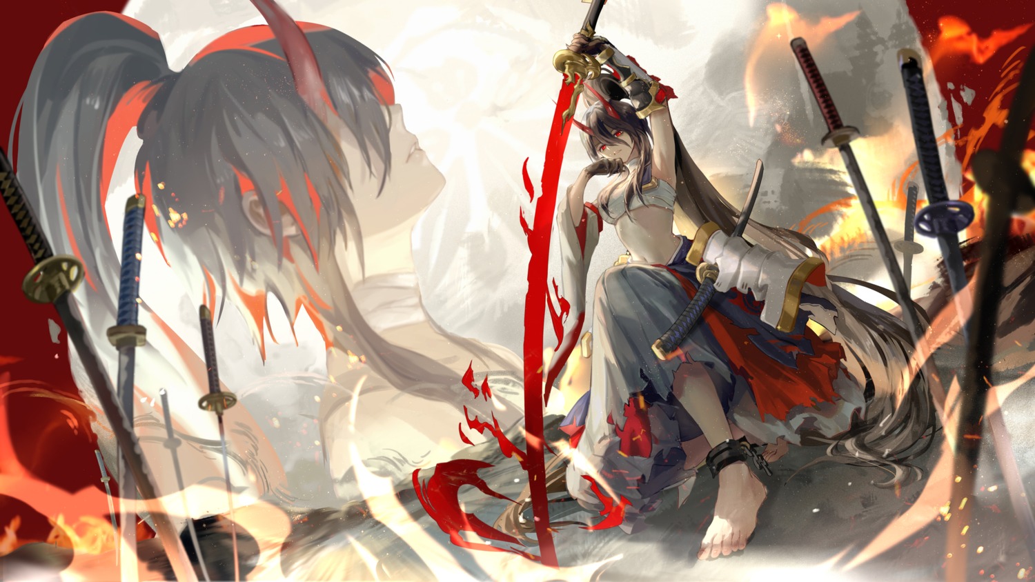 achyue bikini_armor feet horns japanese_clothes pixiv_fantasia pixiv_fantasia_last_saga sword torn_clothes wallpaper