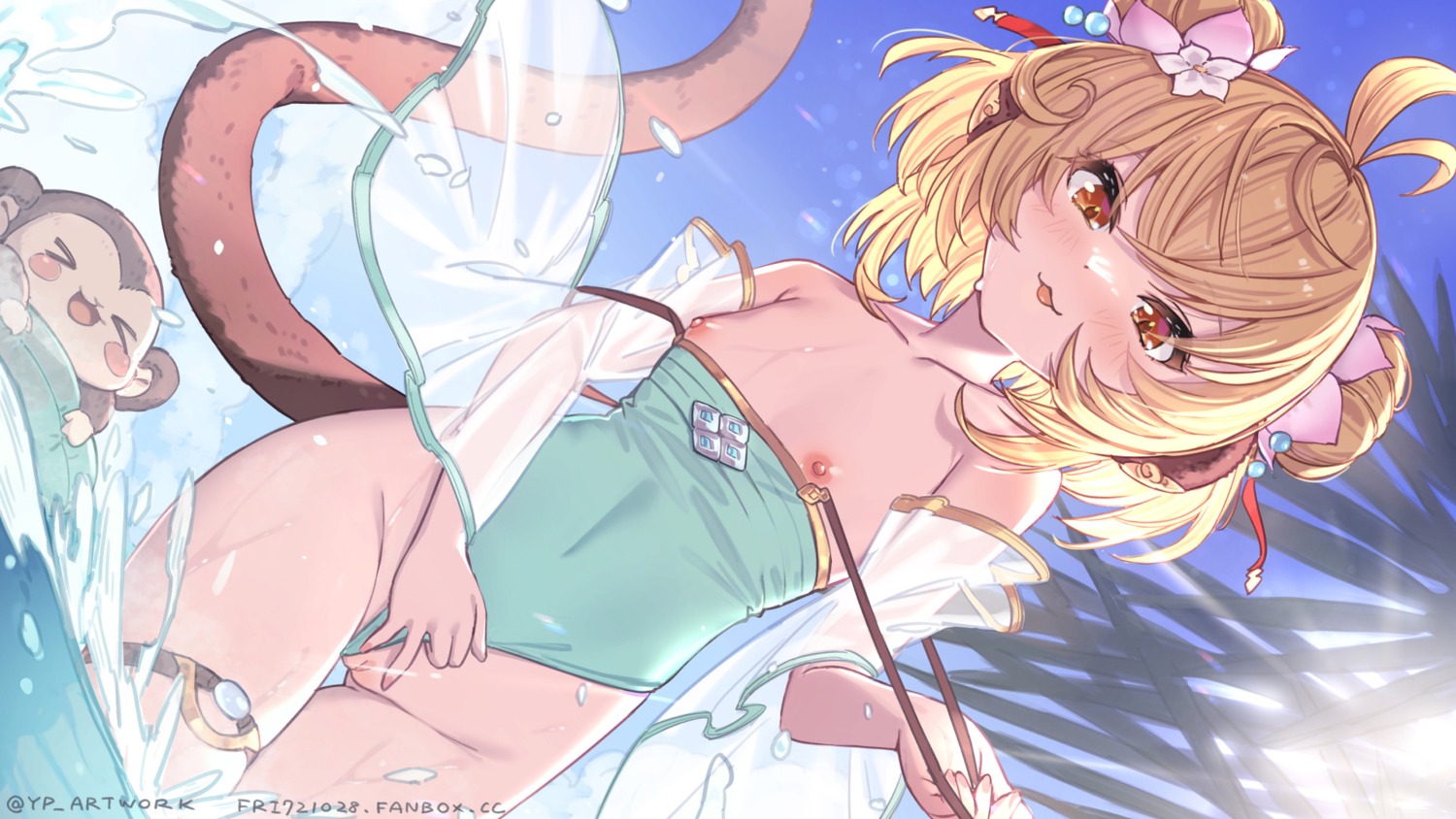 andira_(granblue_fantasy) animal_ears censored garter granblue_fantasy loli nipples pussy see_through swimsuits tail undressing wallpaper wet wet_clothes yellowpaint.