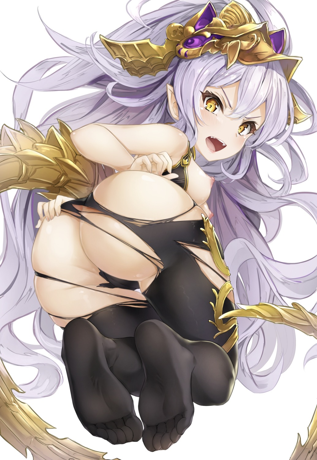 armor ass ass_grab breasts cameltoe feet granblue_fantasy hyouta_(yoneya) medusa_(shingeki_no_bahamut) nipples no_bra nopan pantyhose pointy_ears tail torn_clothes wardrobe_malfunction